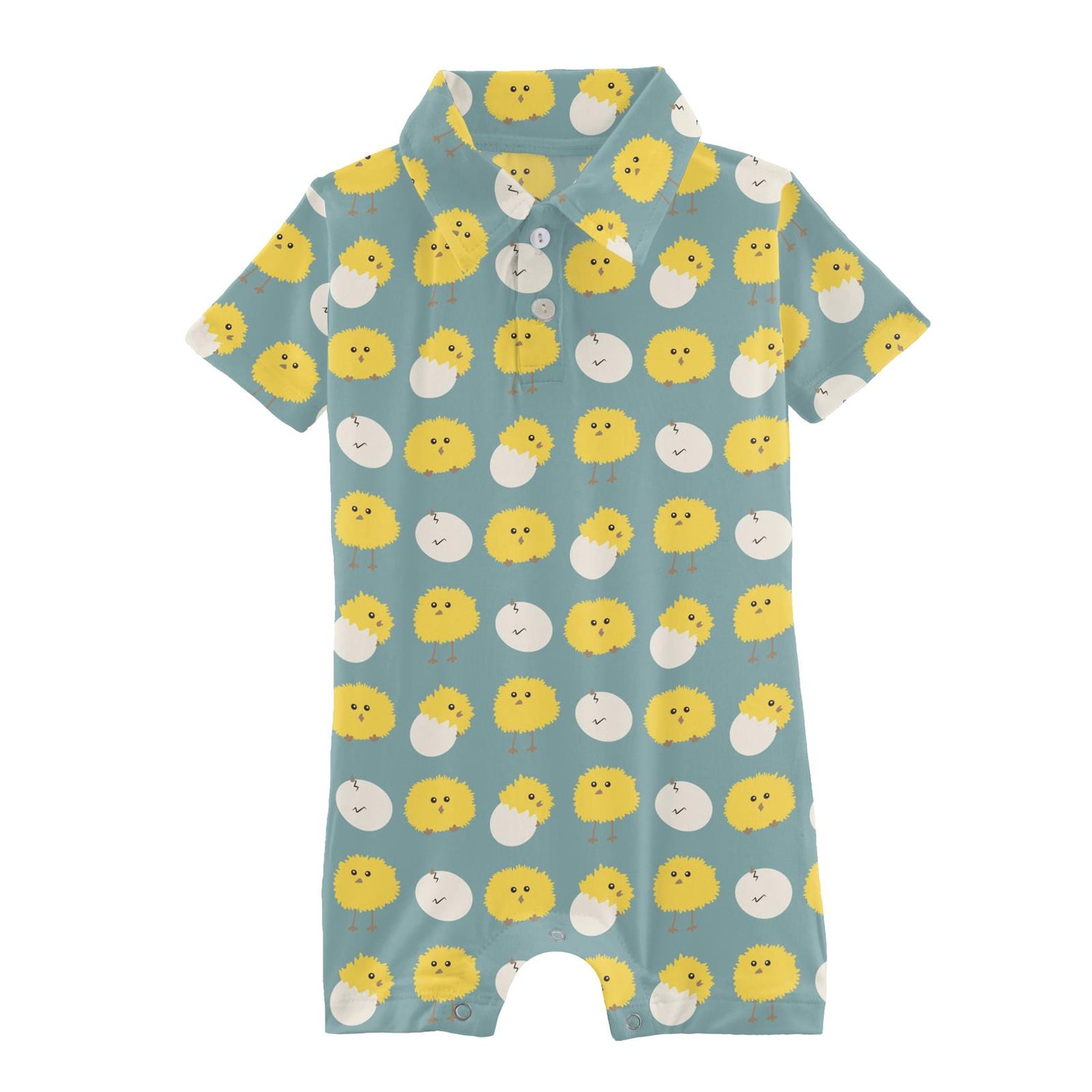 Print Short Sleeve Polo Romper in Jade Peep Peeps