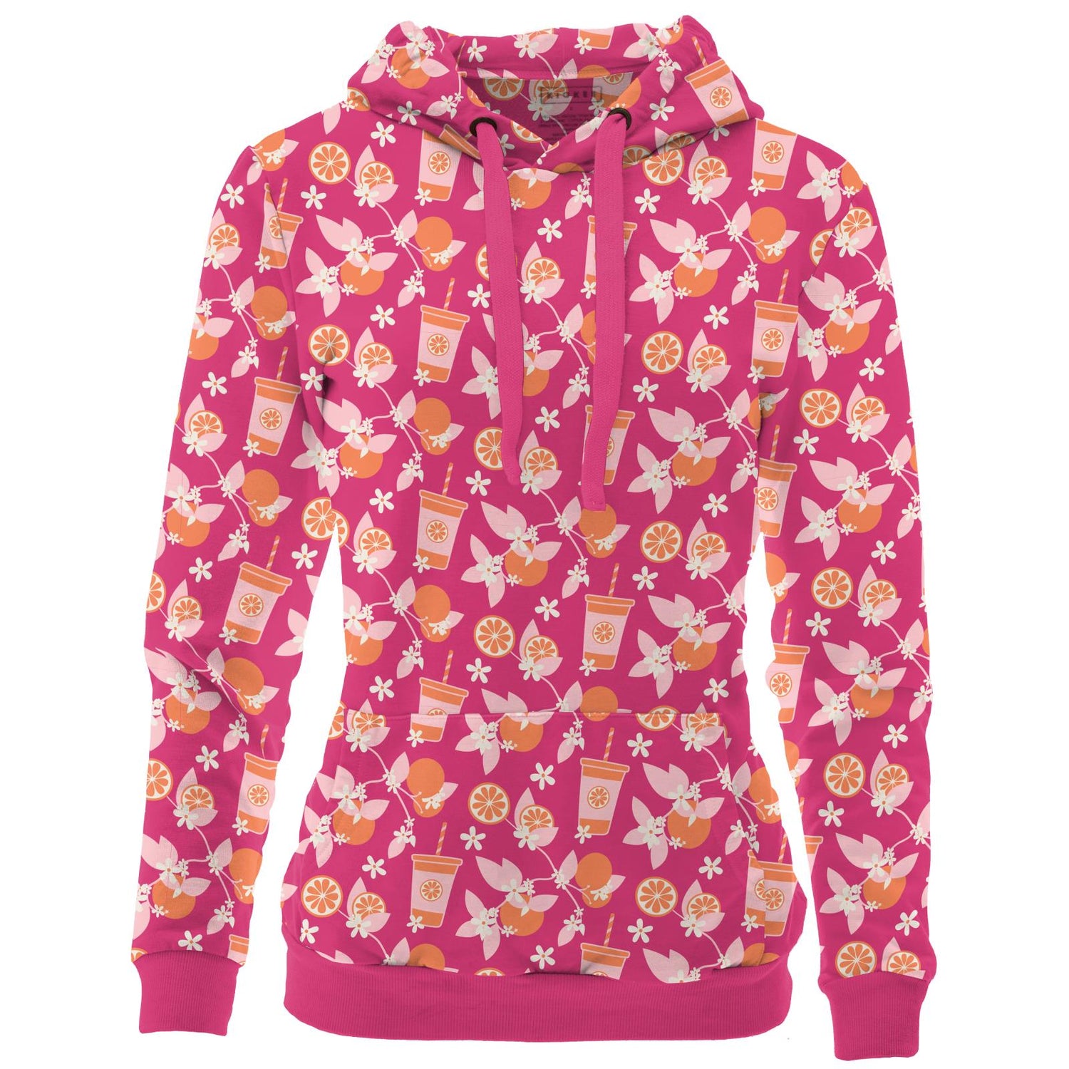 Women's Print Fleece Kangaroo Pocket Pullover in Calypso Orange Cream