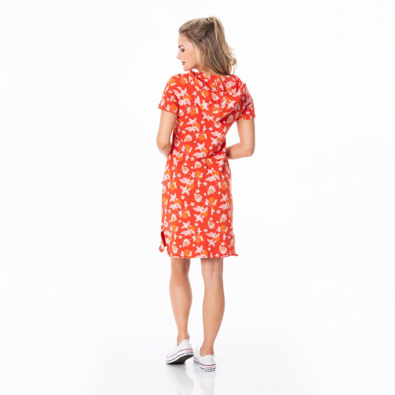 Women's Print Fleece Hooded Dress in Poppy Orange Blossom