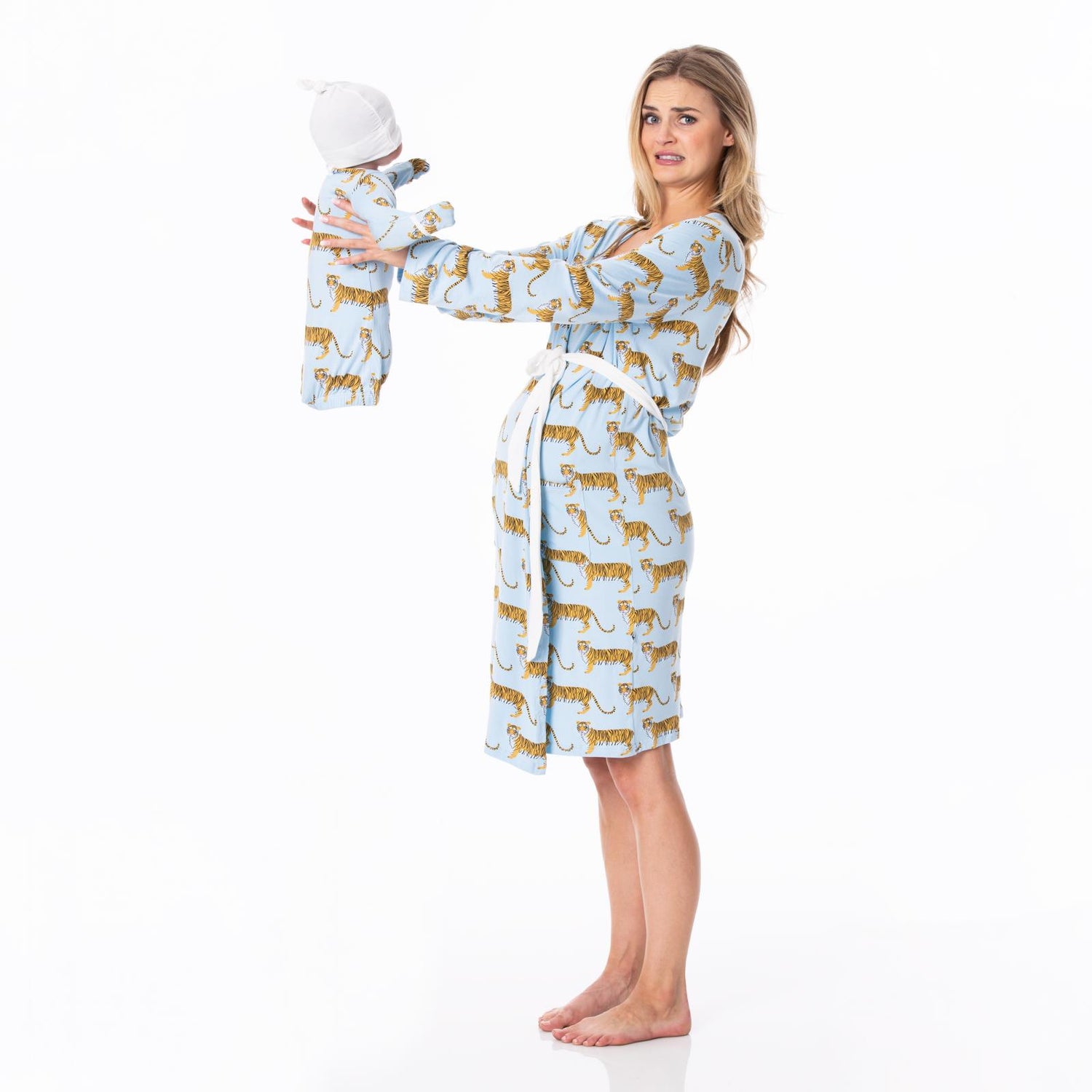 Women's Print Mid Length Lounge Robe & Layette Gown Set in Pond Tiger