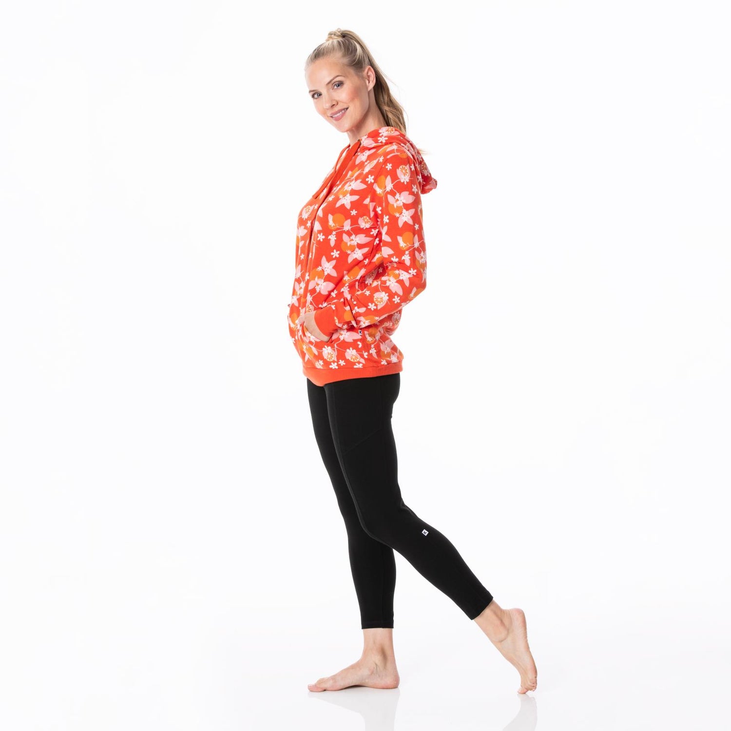 Women's Print Fleece Kangaroo Pocket Pullover in Poppy Orange Blossom