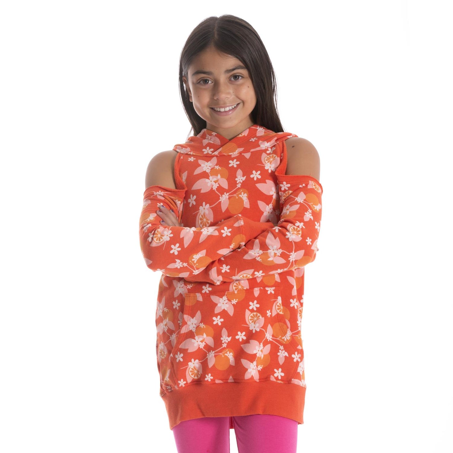 Print Fleece Open-Shoulder Pullover in Poppy Orange Blossom