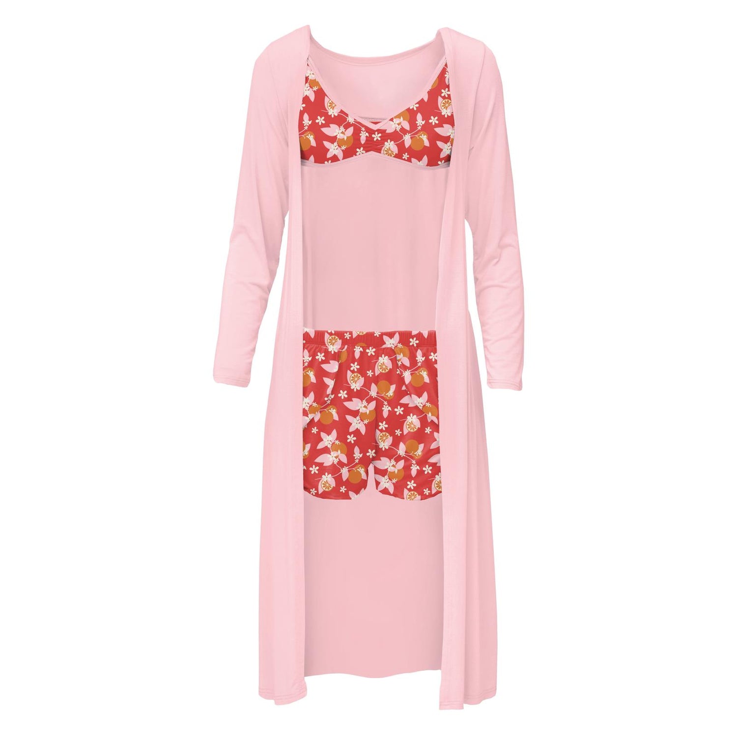 Women's Print Sleeping Bra, Tulip Shorts and Duster Robe Set in Poppy Orange Blossom