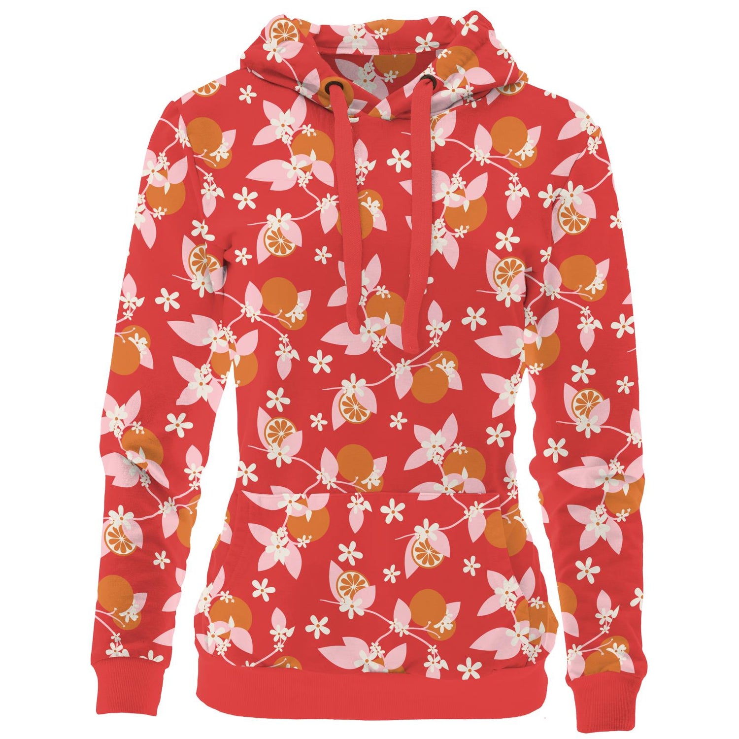 Women's Print Fleece Kangaroo Pocket Pullover in Poppy Orange Blossom