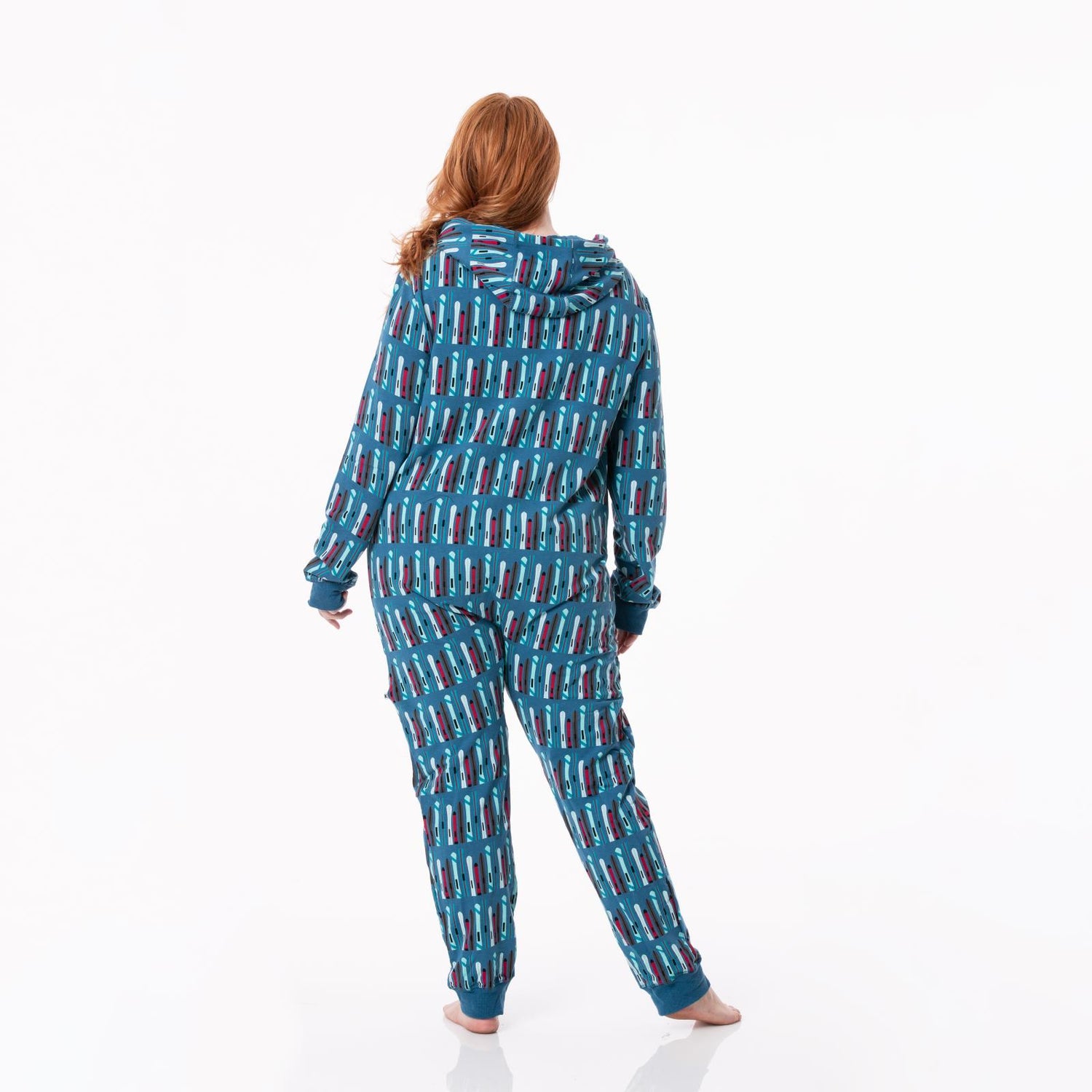 Print Adult Fleece Jumpsuit with Hood in Twilight Skis