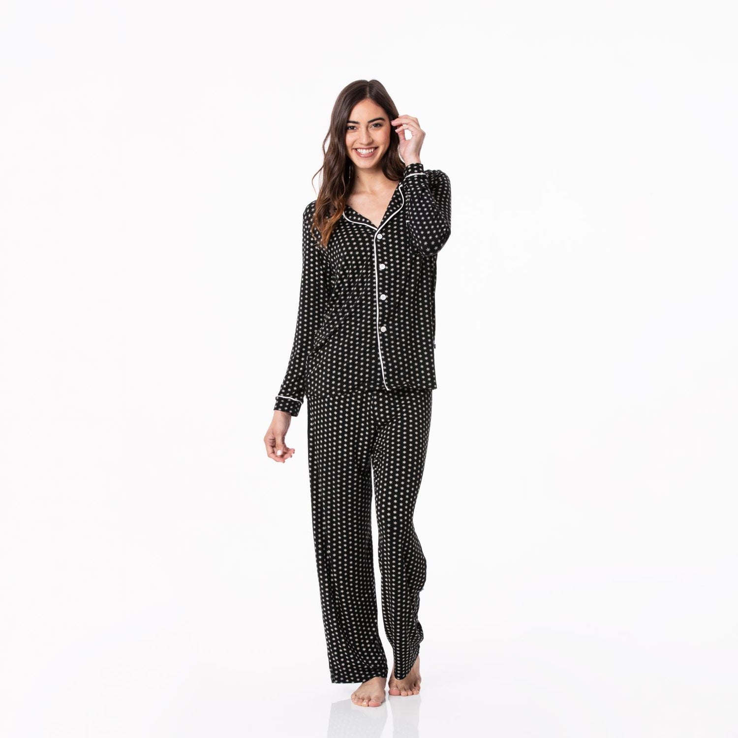 Women's Print Long Sleeve Collared Pajama Set in Midnight Tiny Snowflakes