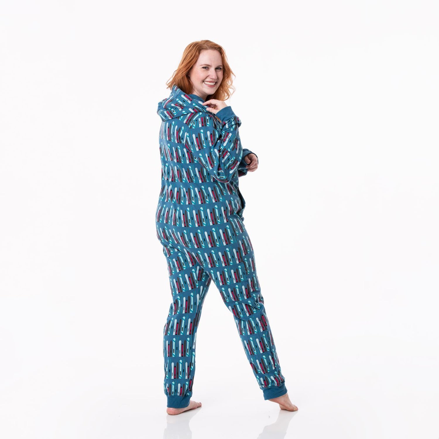 Print Adult Fleece Jumpsuit with Hood in Twilight Skis