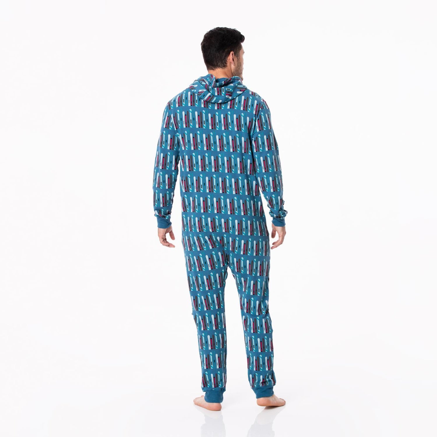 Print Adult Fleece Jumpsuit with Hood in Twilight Skis
