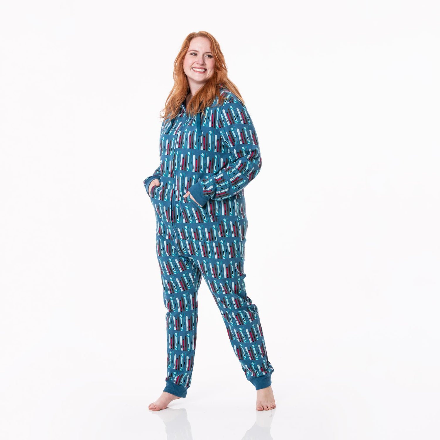 Print Adult Fleece Jumpsuit with Hood in Twilight Skis