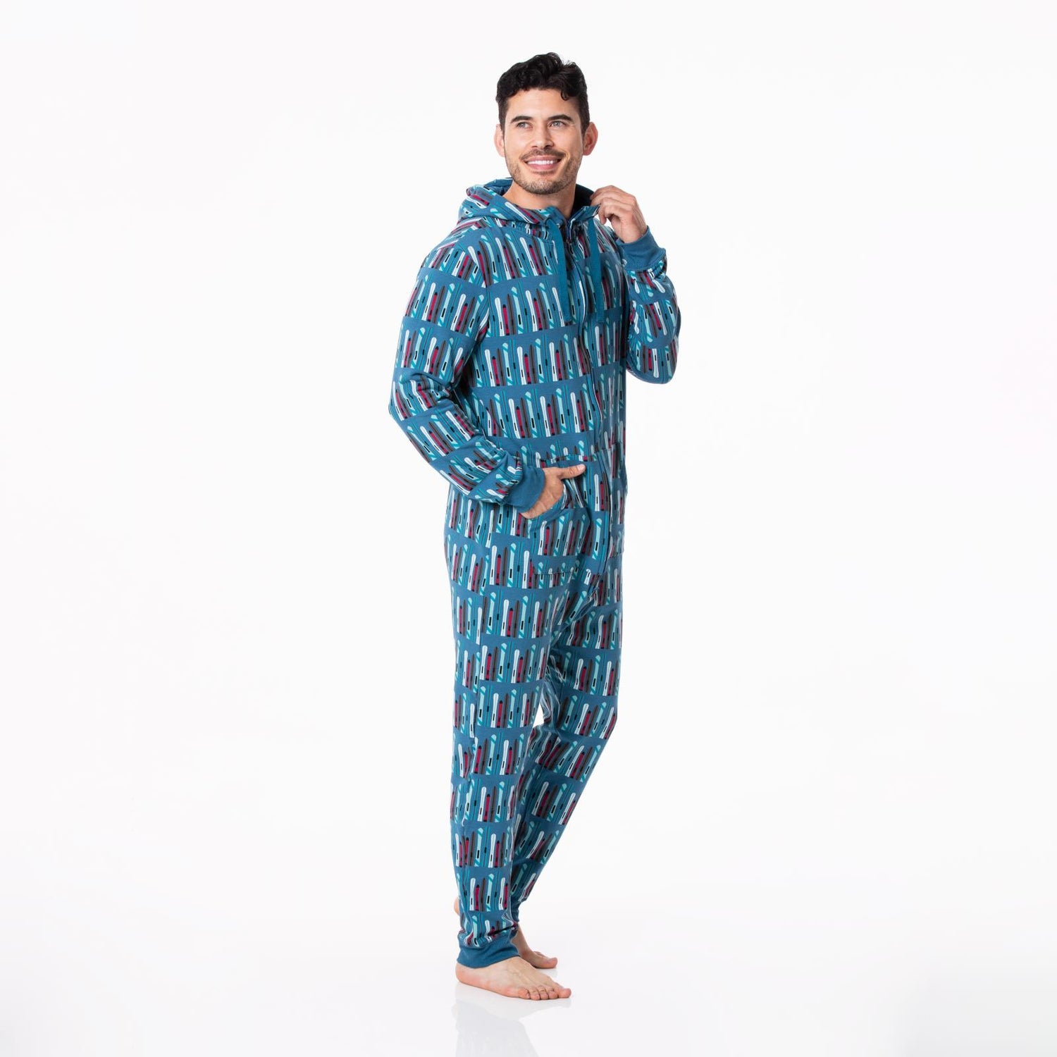 Print Adult Fleece Jumpsuit with Hood in Twilight Skis