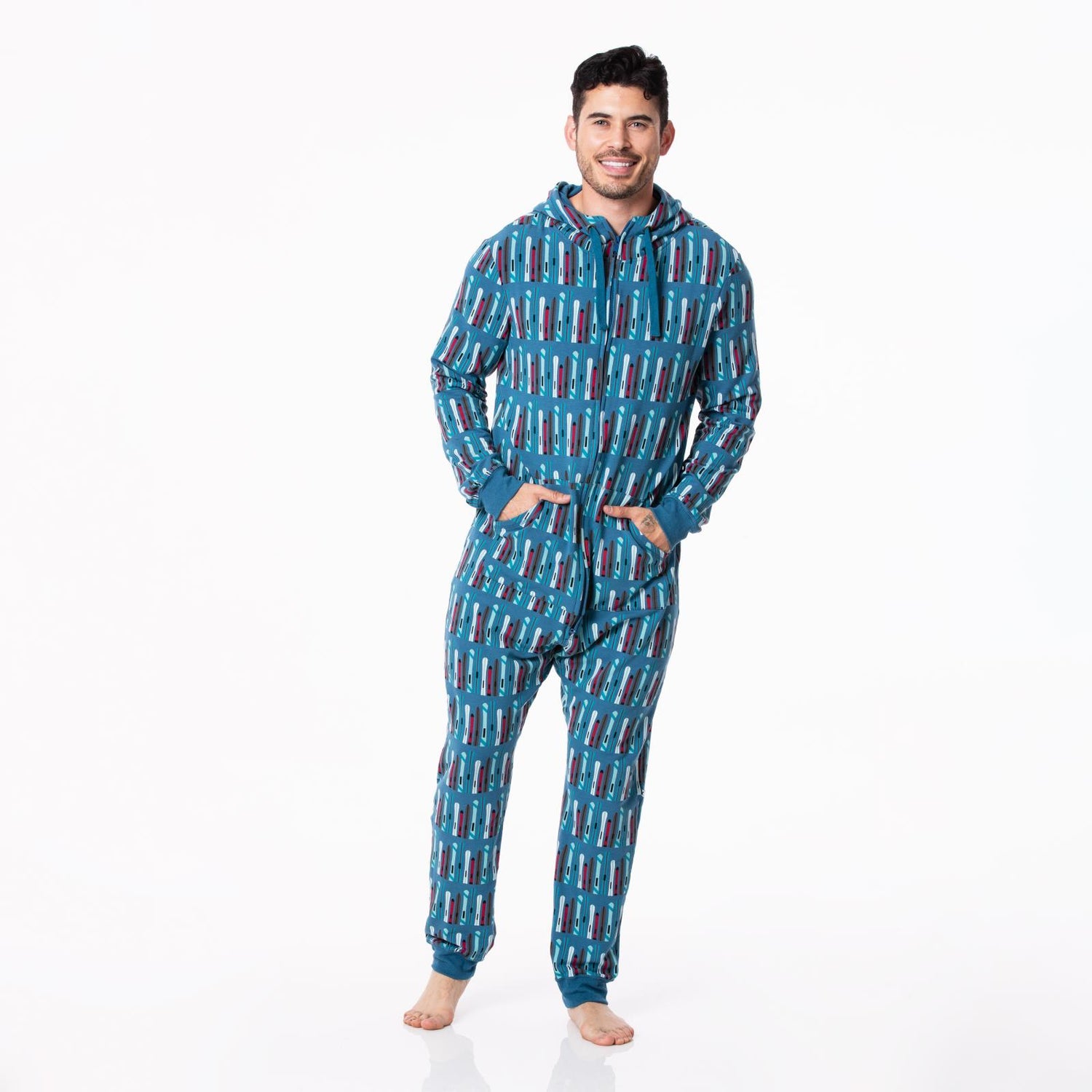 Print Adult Fleece Jumpsuit with Hood in Twilight Skis