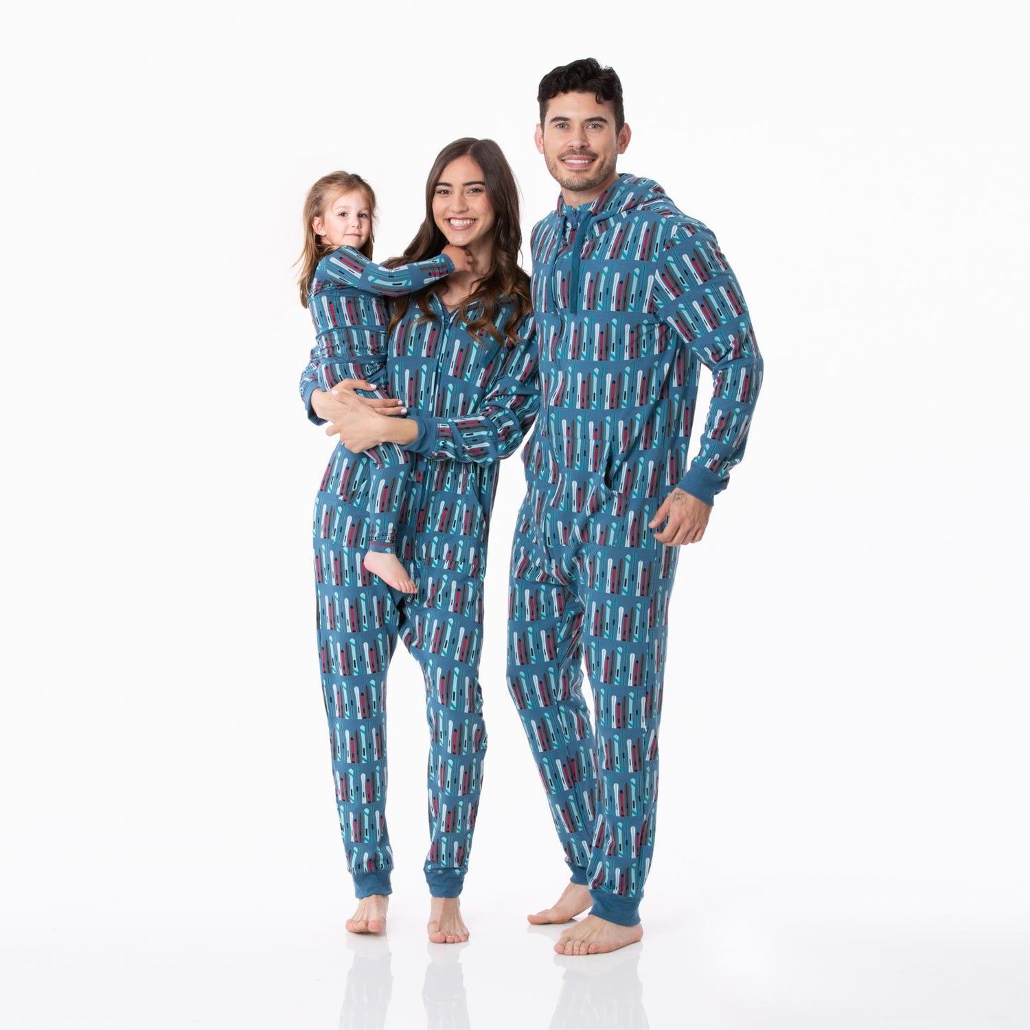 Print Adult Fleece Jumpsuit with Hood in Twilight Skis