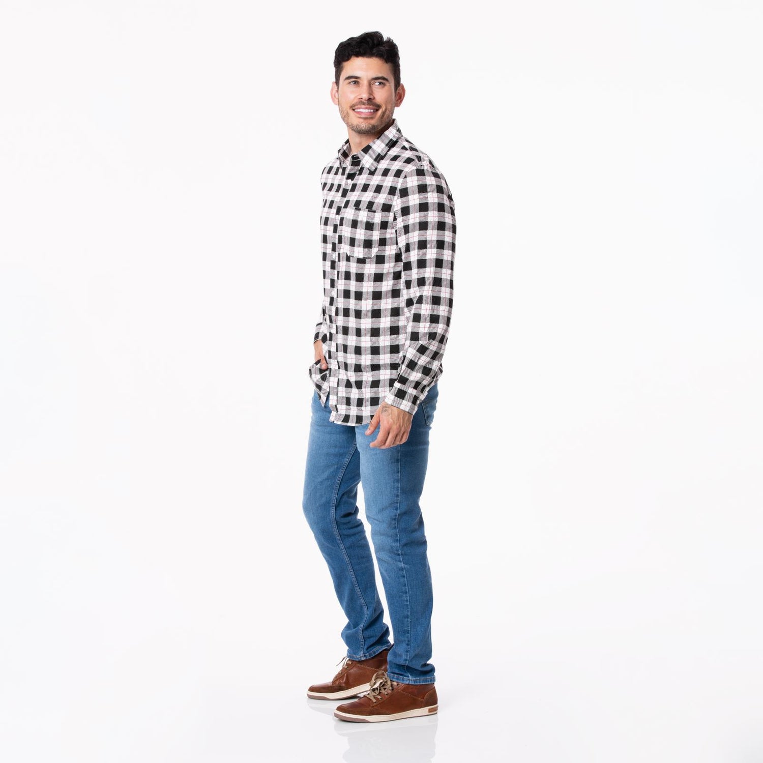 Men's Print Long Sleeve Woven Button-Down Shirt in Midnight Holiday Plaid
