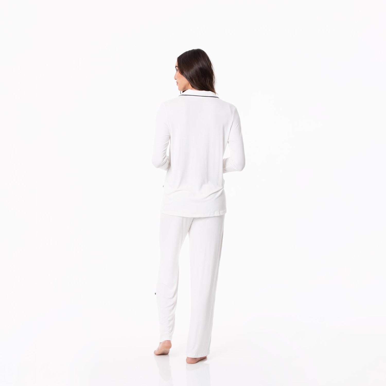 Women's Solid Long Sleeved Collared Pajama Set in Natural with Pewter