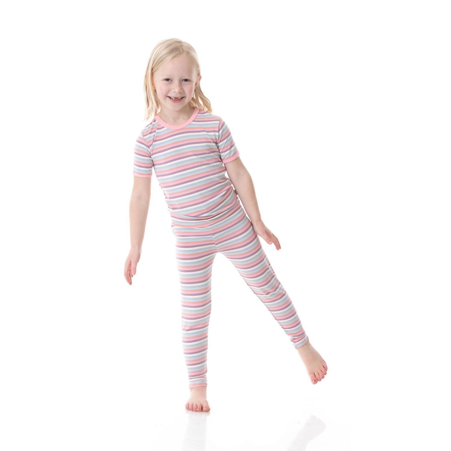 Print Short Sleeve Pajama Set in Spring Bloom Stripe