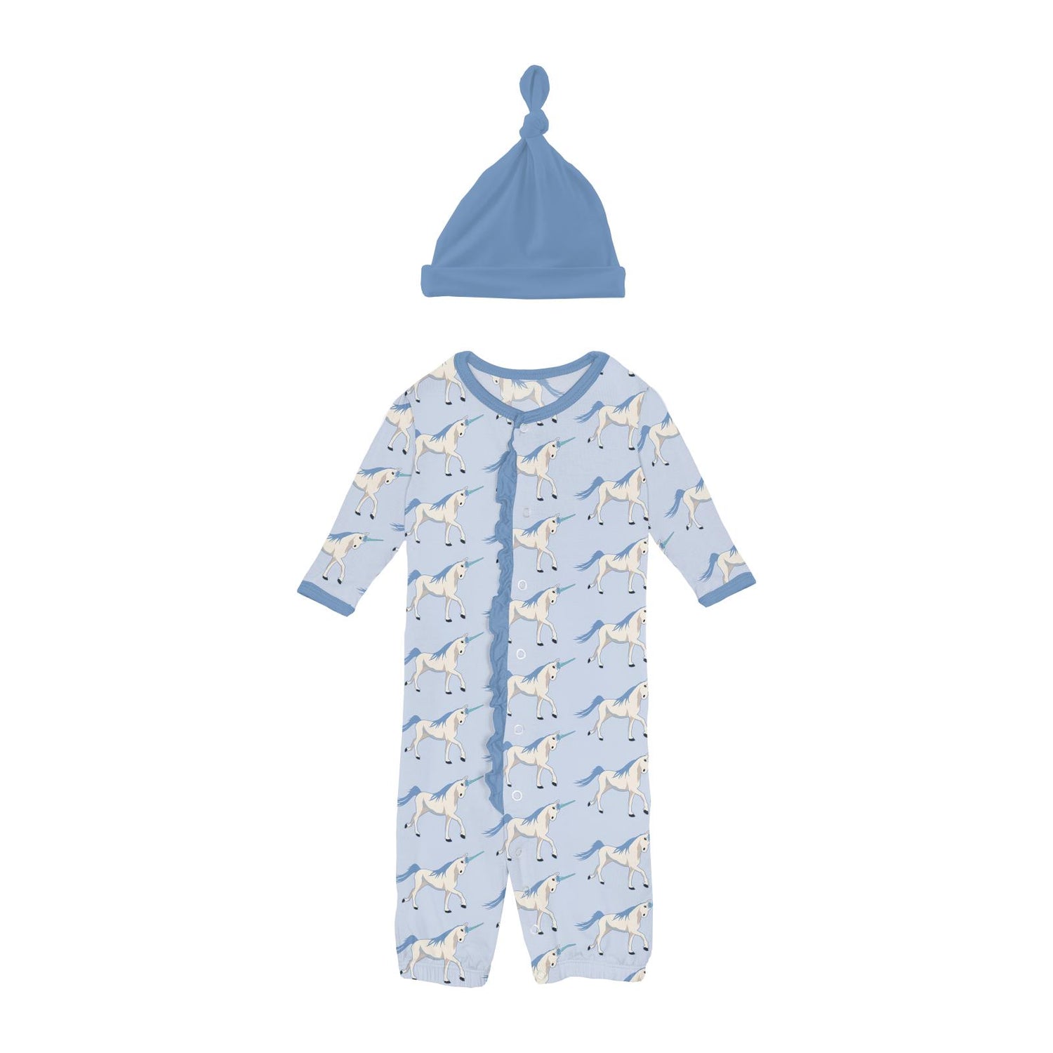 Print Ruffle Layette Gown Converter & Knot Hat Set in Dew Prancing Unicorn