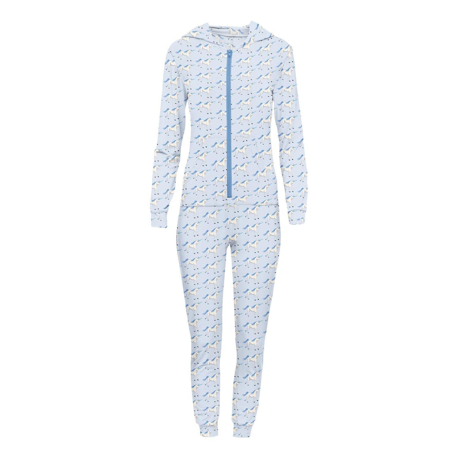 Women's Print Long Sleeve Jumpsuit with Hood in Dew Prancing Unicorn