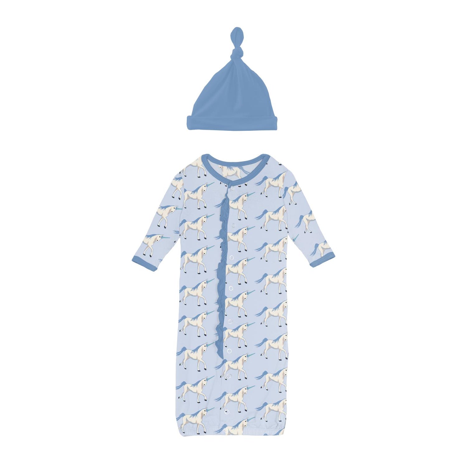 Print Ruffle Layette Gown Converter & Knot Hat Set in Dew Prancing Unicorn