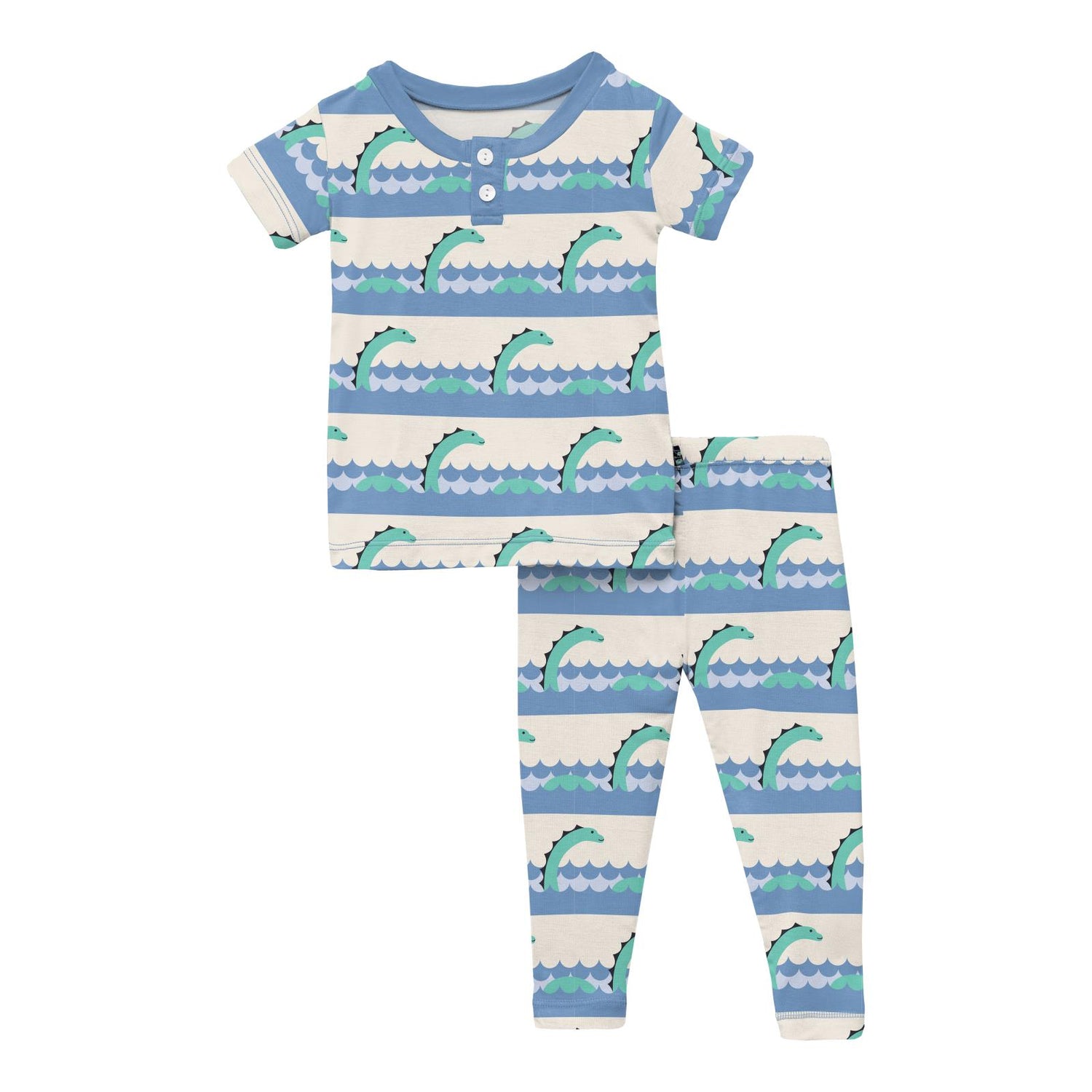 Print Short Sleeve Henley Pajama Set in Natural Sea Monster