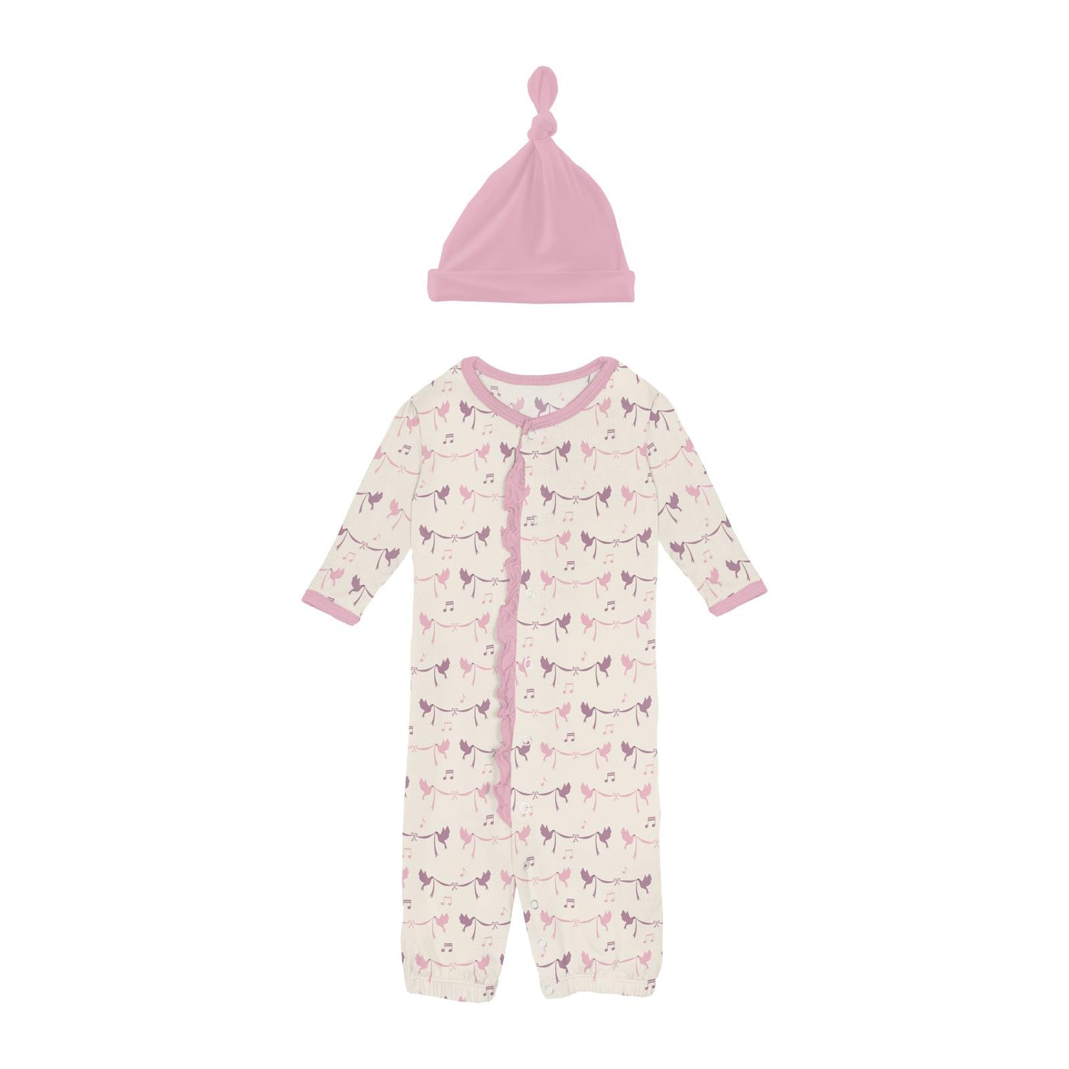 Print Ruffle Layette Gown Converter & Knot Hat Set in Natural Bird Banner