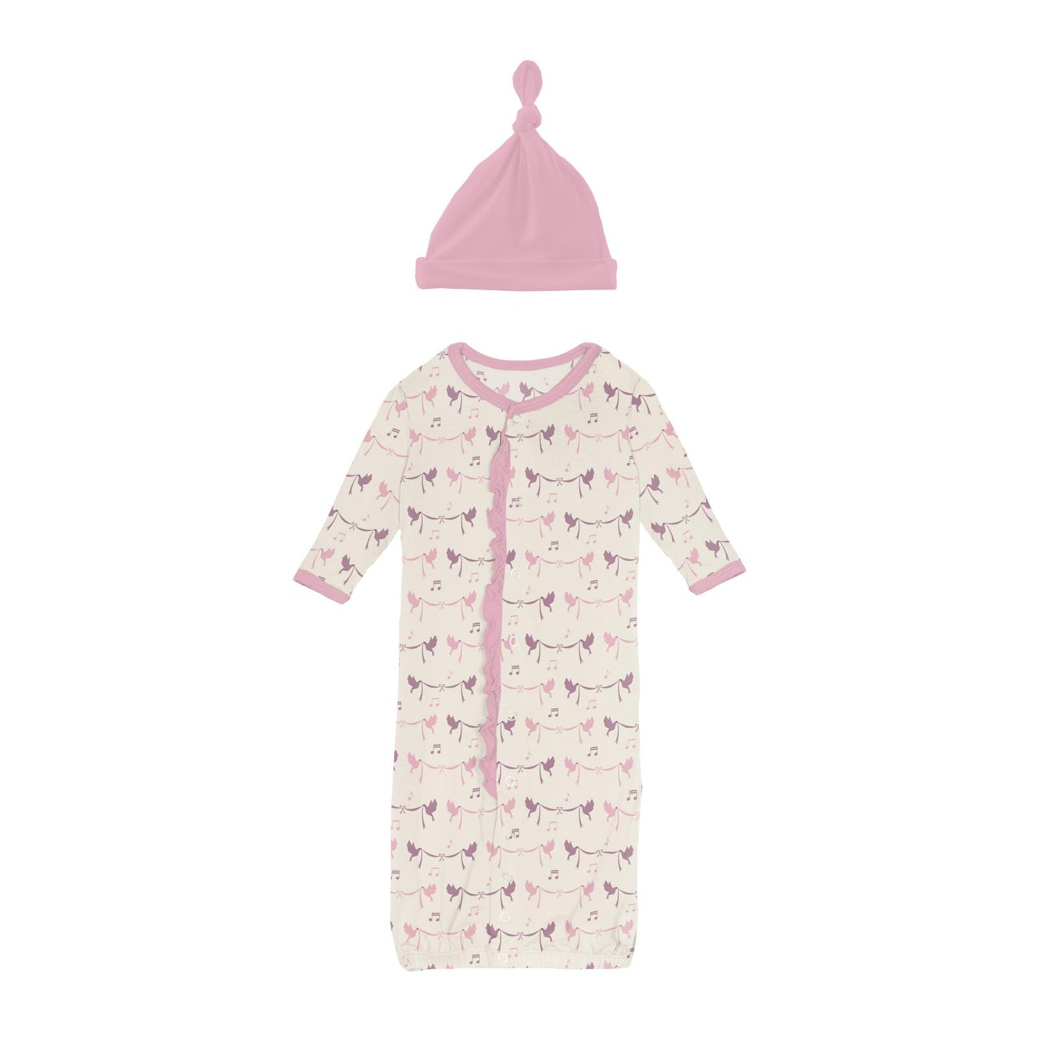 Print Ruffle Layette Gown Converter & Knot Hat Set in Natural Bird Banner
