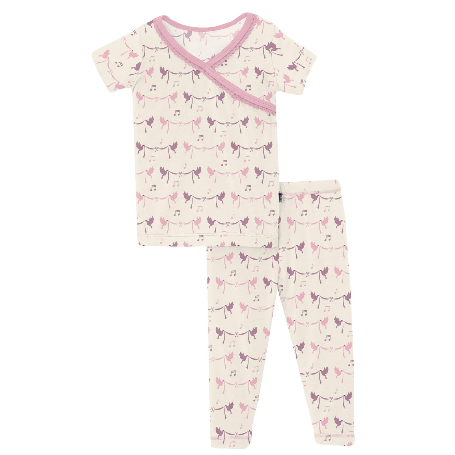 Print Short Sleeve Scallop Kimono Pajama Set in Natural Bird Banner