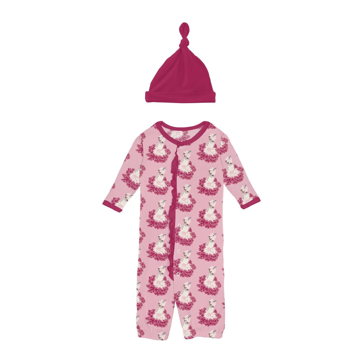 Print Ruffle Layette Gown Converter & Knot Hat Set in Cake Pop Thumbelina