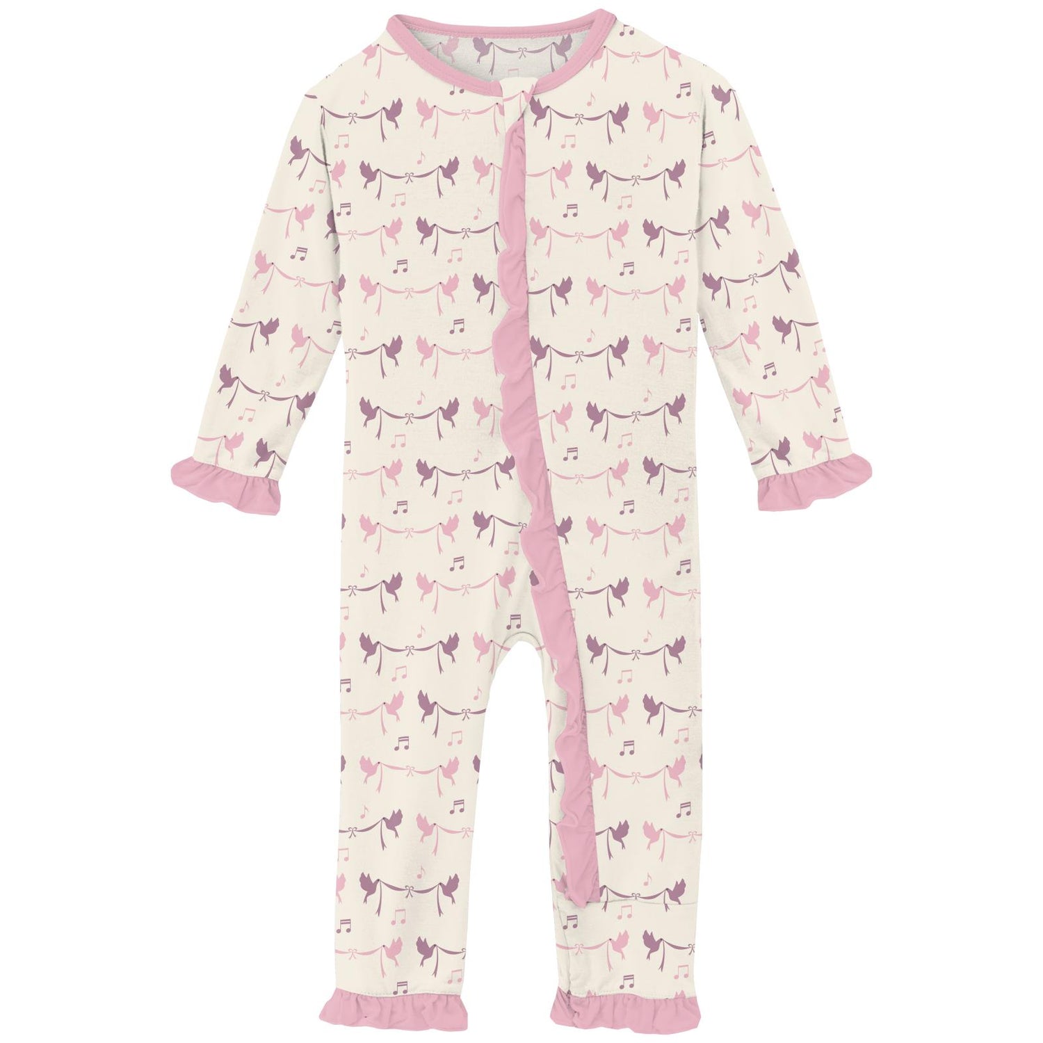 Print Classic Ruffle Coverall with 2 Way Zipper in Natural Bird Banner