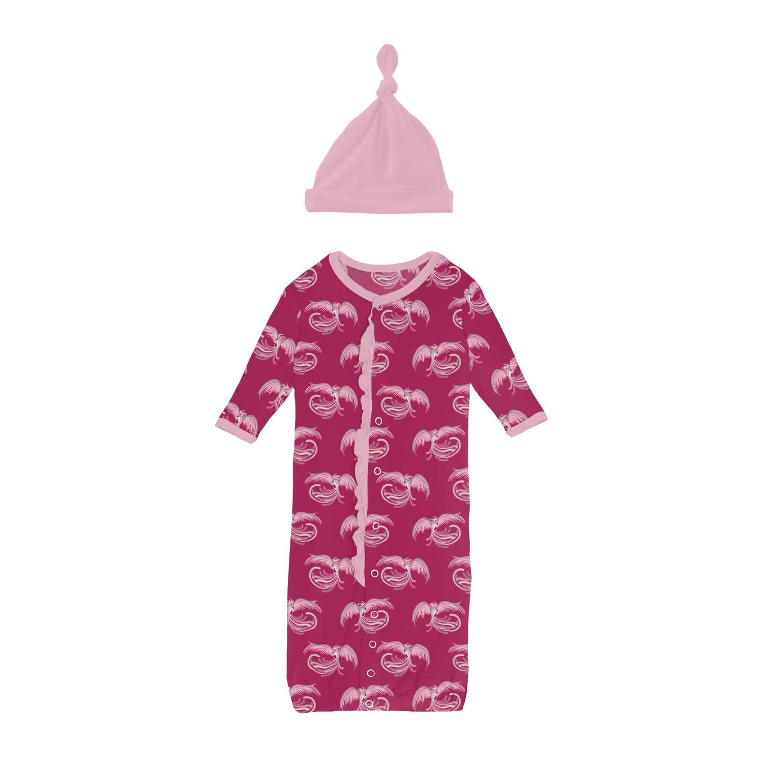 Print Ruffle Layette Gown Converter & Knot Hat Set in Dragon Fruit Phoenix