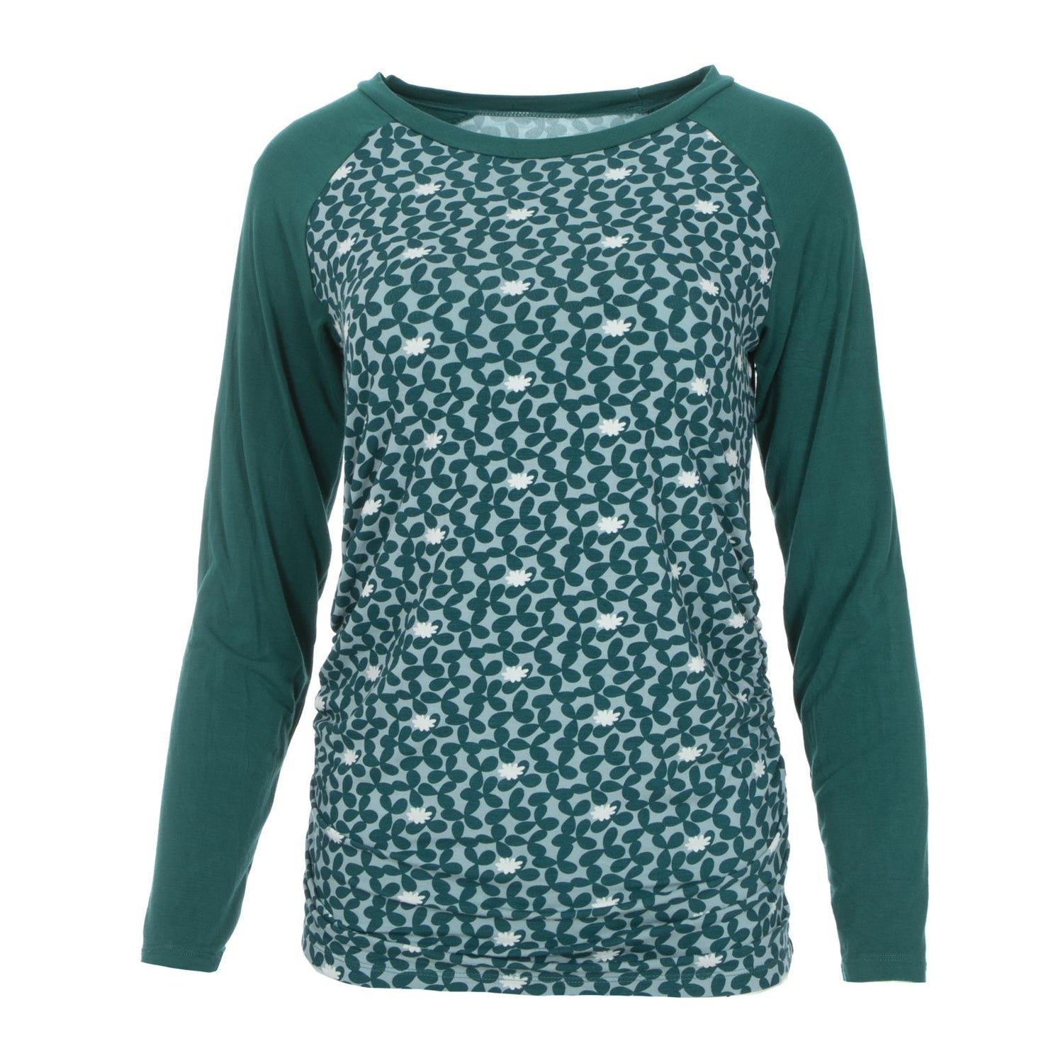 Print Long Sleeve Raglan Maternity Tee in Jade Running Buffalo Clover