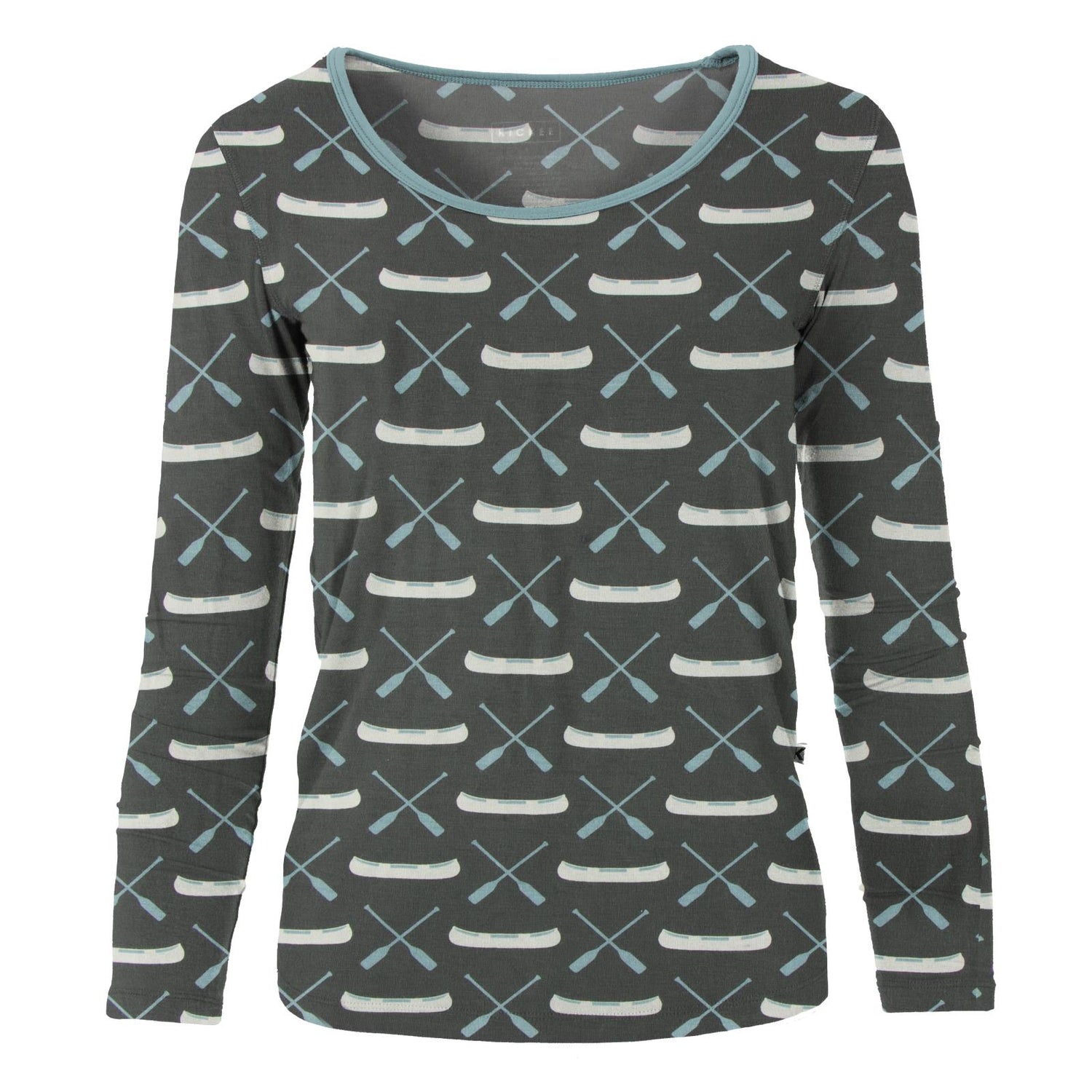 Women's Print Long Sleeve Scoop Neck Tee in Stone Paddles and Canoe