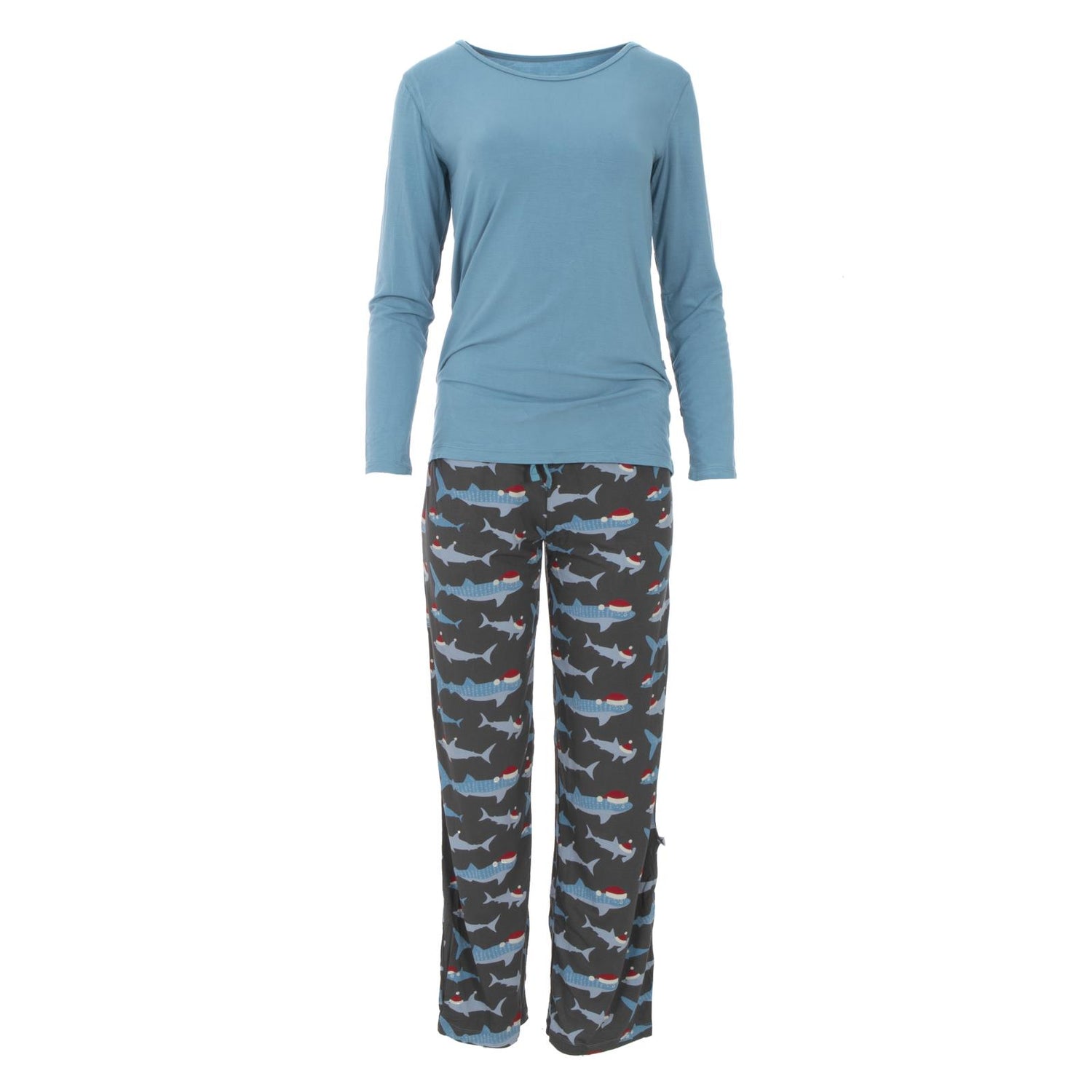 Long Sleeve Loosey Goosey Tee & Pant Set in Pewter Santa Sharks