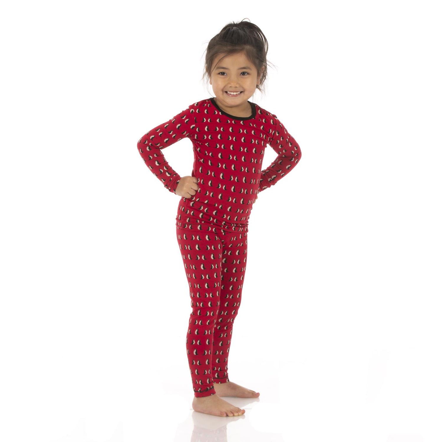 Print Long Sleeve Pajama Set in Crimson Penguins