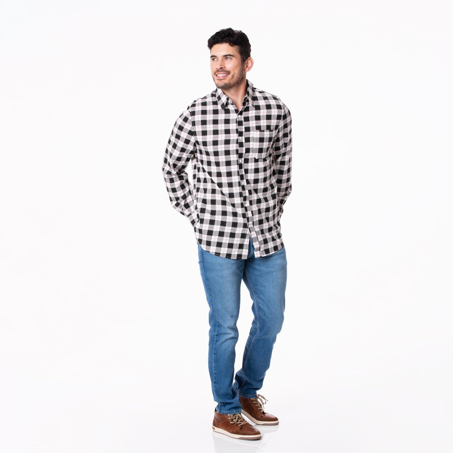 Men's Print Long Sleeve Woven Button-Down Shirt in Midnight Holiday Plaid