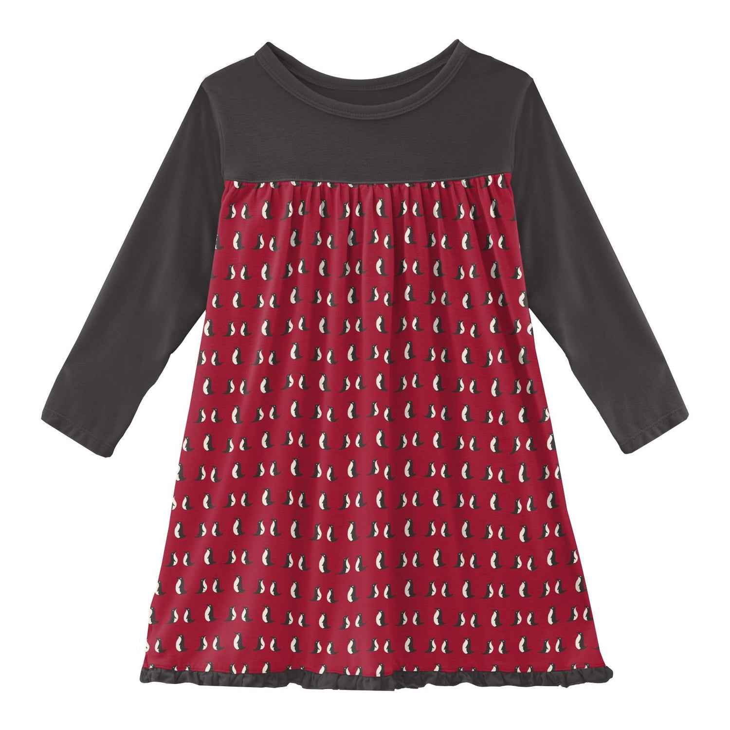Print Classic Long Sleeve Swing Dress in Crimson Penguins