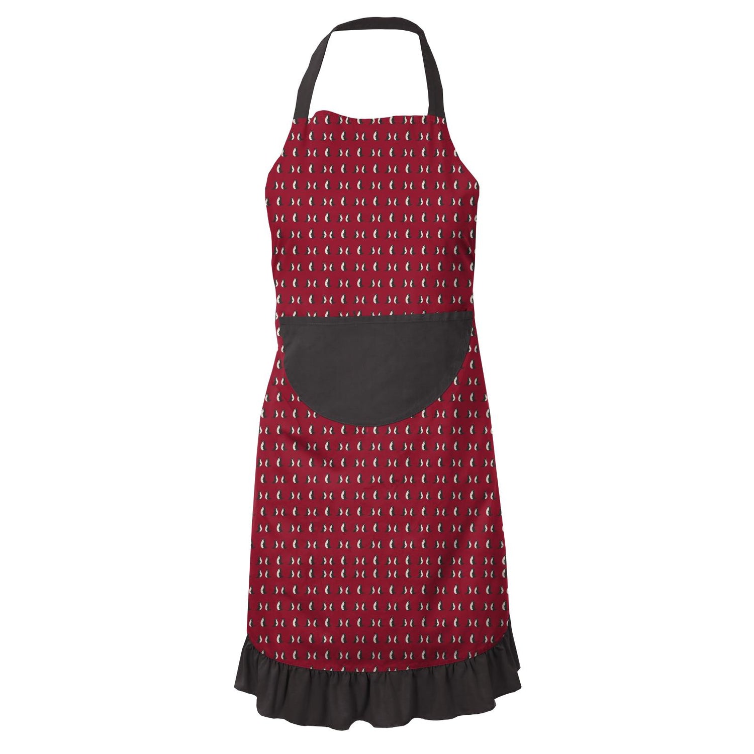 Print Adult Ruffle Apron in Crimson Penguins