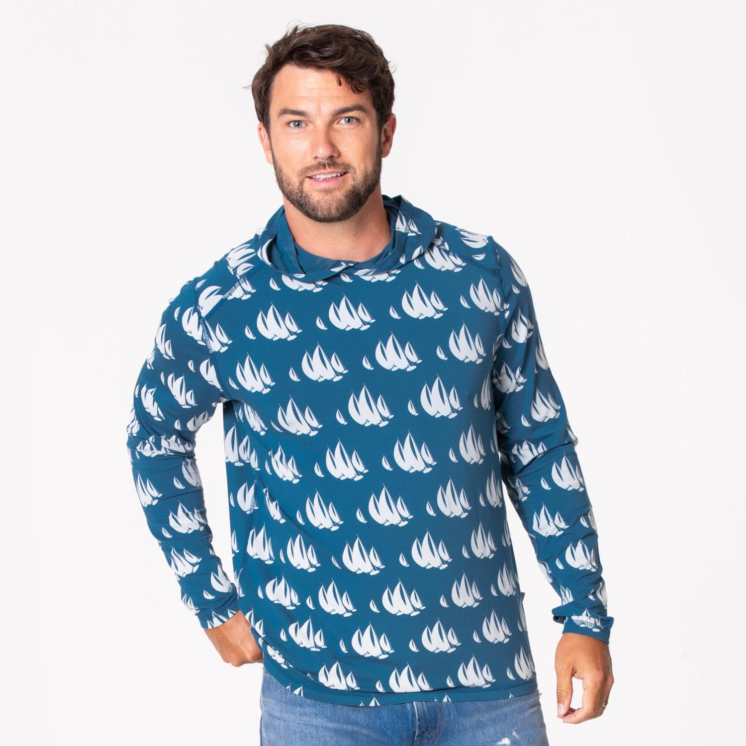Men's Print Long Sleeve Hooded Tee in Deep Sea Sailboat Race