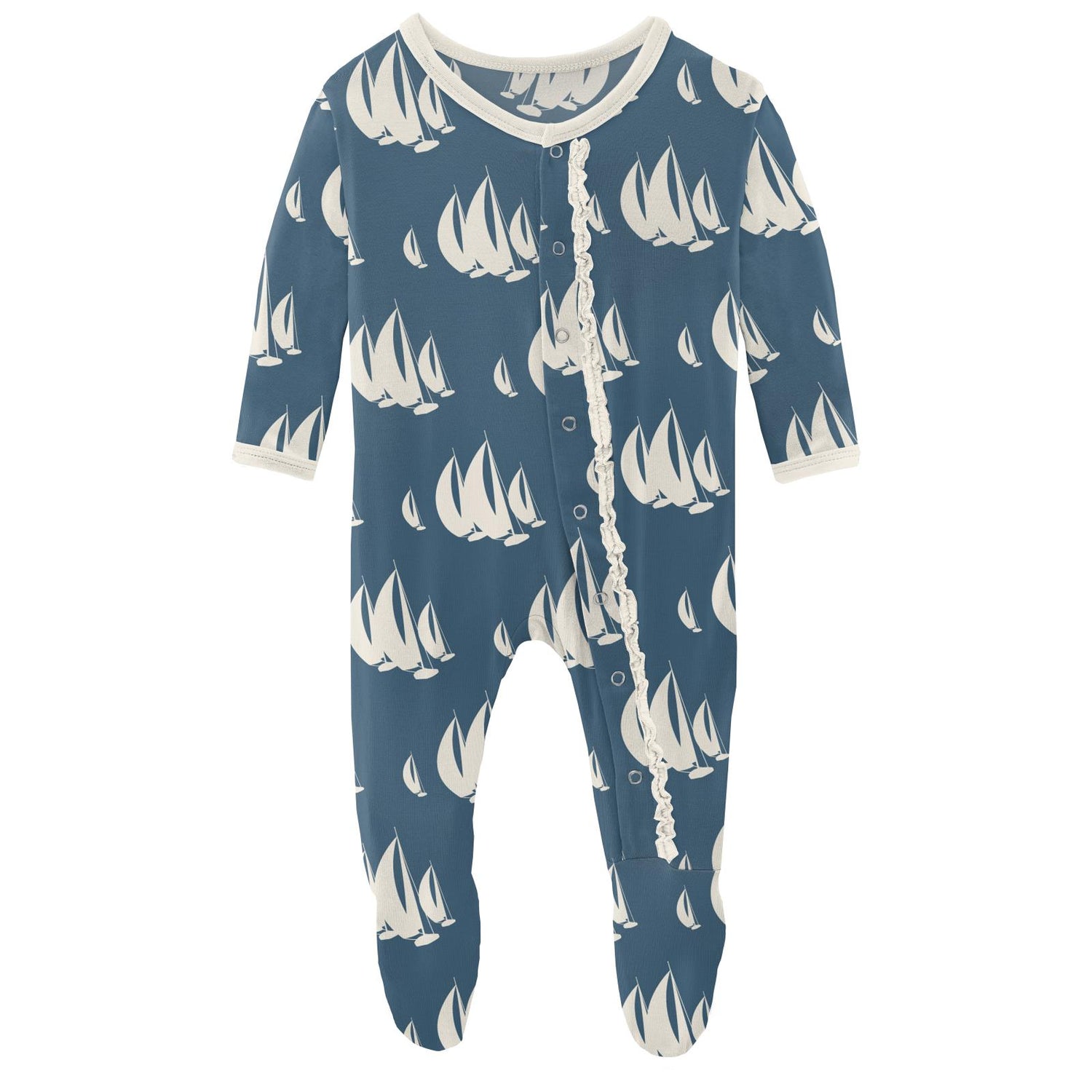 Print Muffin Ruffle Footie with Snaps in Deep Sea Sailboat Race