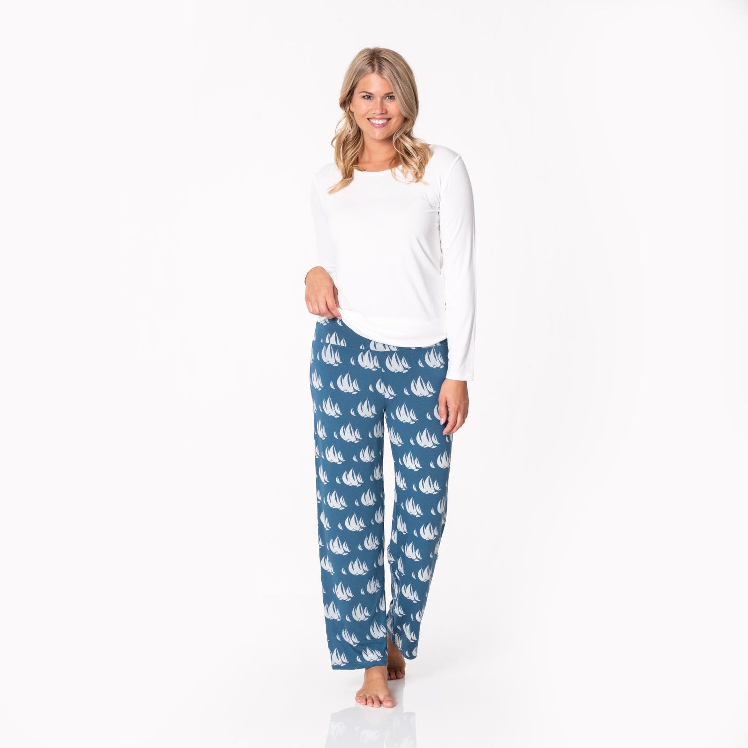 Women's Long Sleeve Loosey Goosey Tee & Pajama Pants Set in Deep Sea Sailboat Race