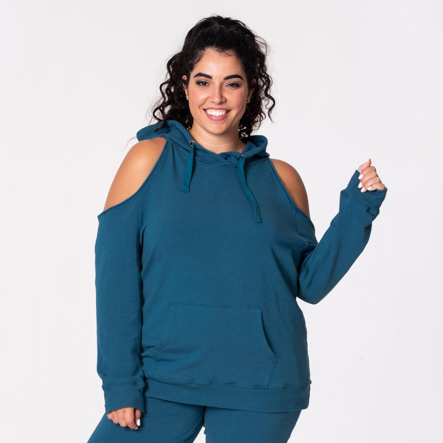 Women's Fleece Open-Shoulder Pullover in Deep Sea