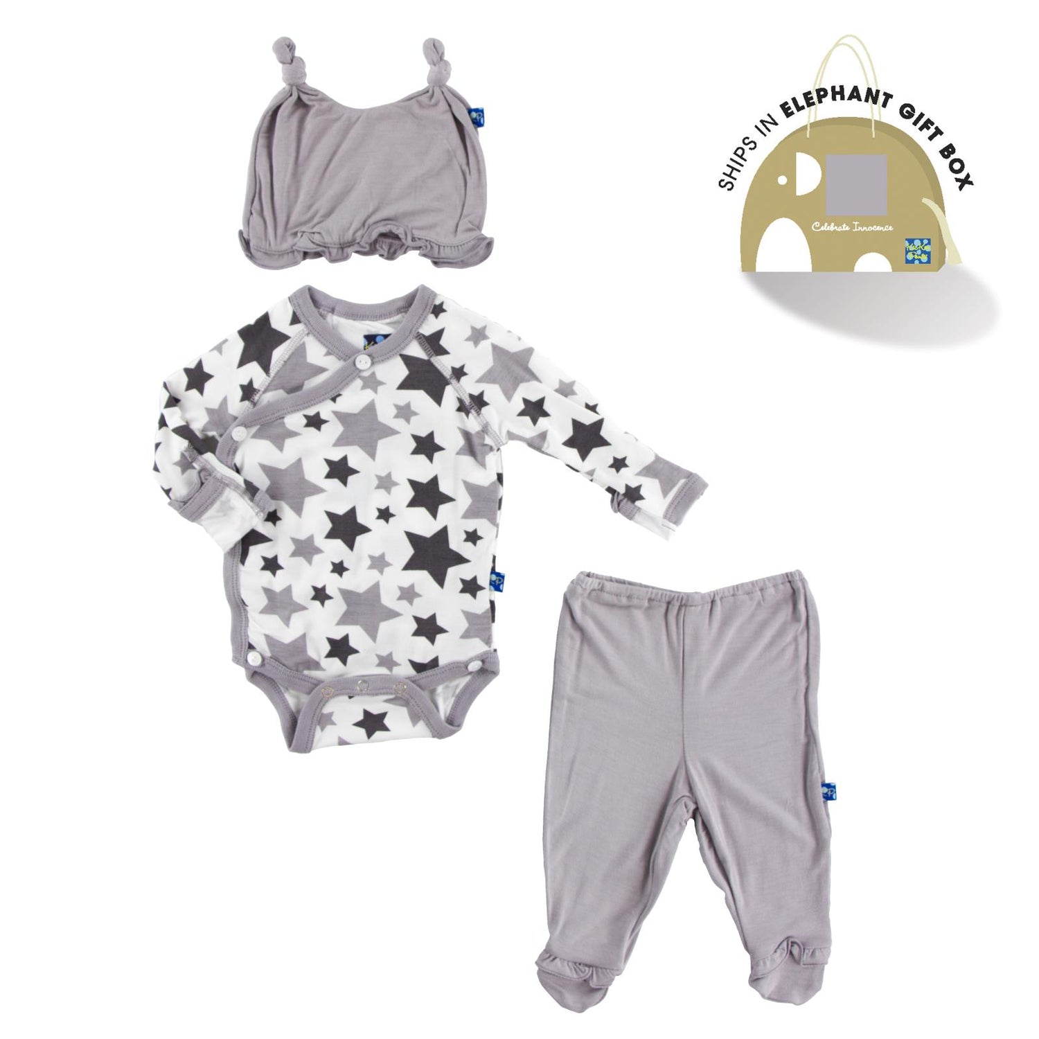 Ruffle Kimono Newborn Gift Set with Elephant Box in Feather/Rain Stars