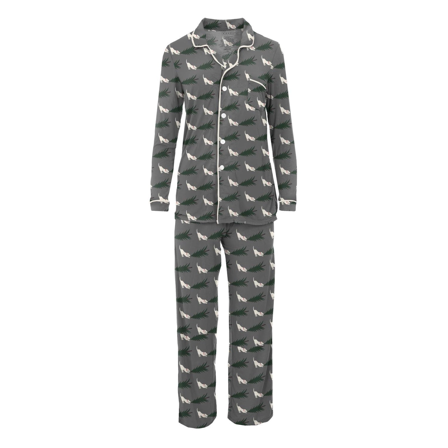 Women's Print Woven Long Sleeve Collared Pajama Set in Pewter Christmas Tree Drag