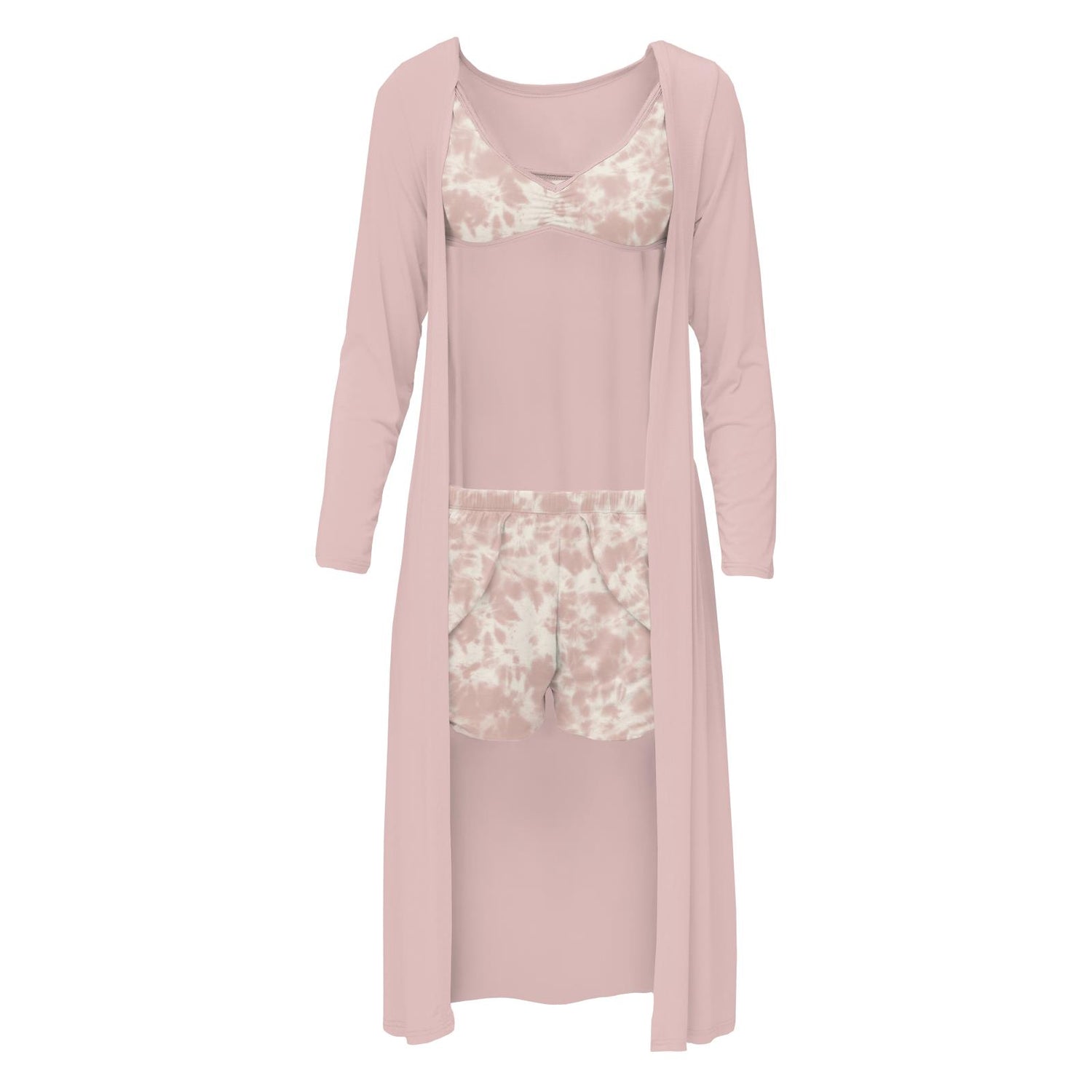 Women's Print Sleeping Bra, Tulip Shorts and Duster Robe Set in Baby Rose Tie Dye