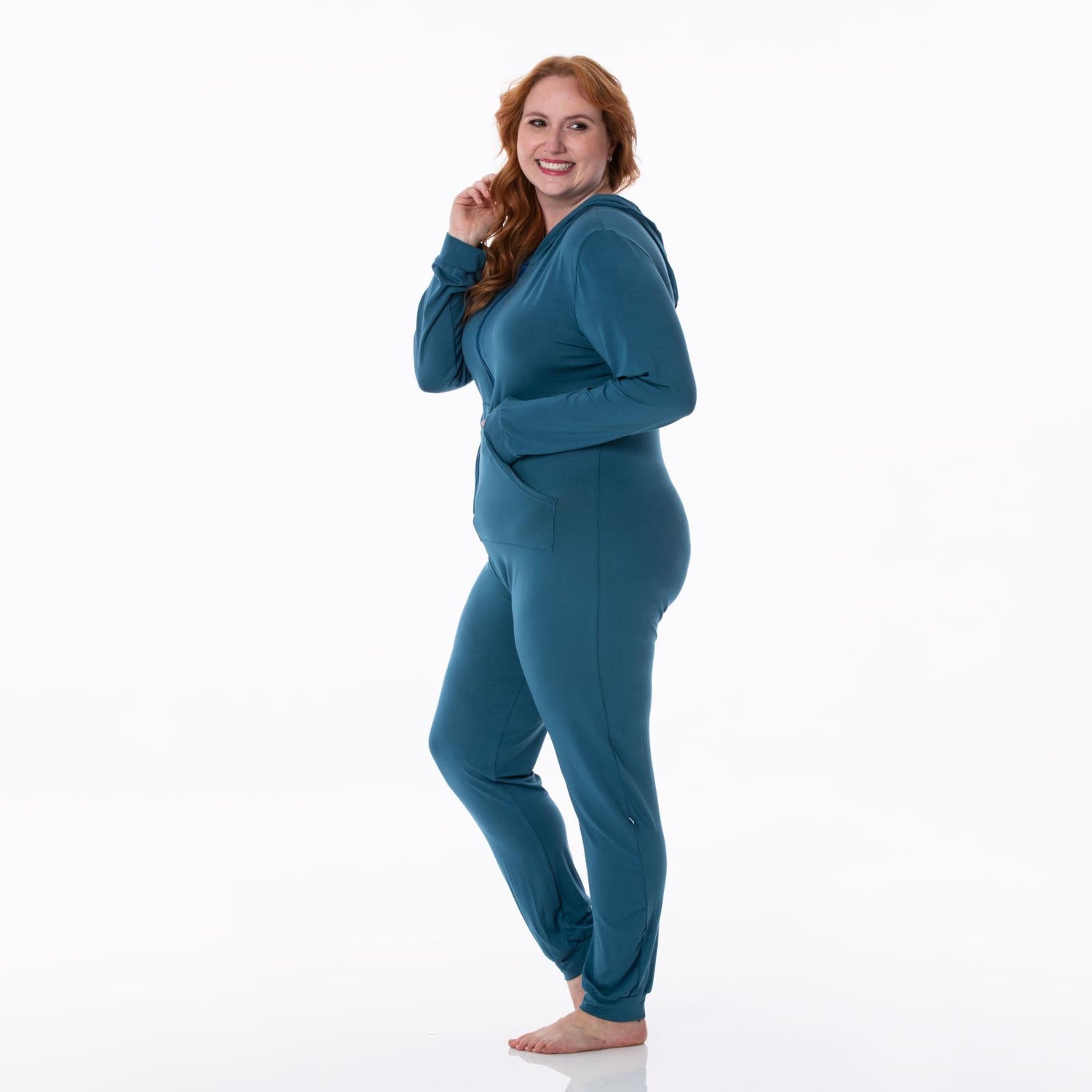 Women's Long Sleeve Jumpsuit with Hood in Deep Sea