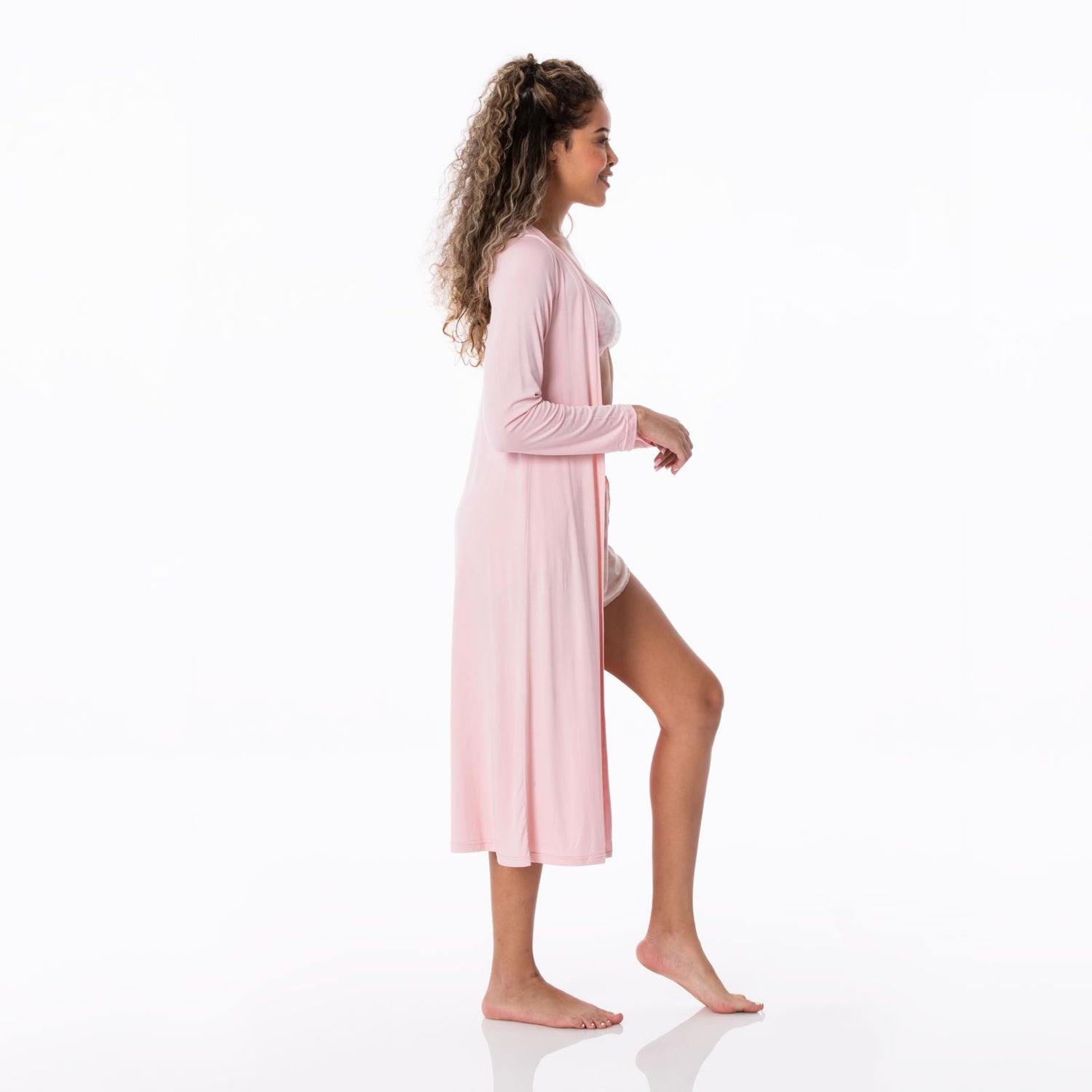 Women's Print Sleeping Bra, Tulip Shorts and Duster Robe Set in Baby Rose Tie Dye