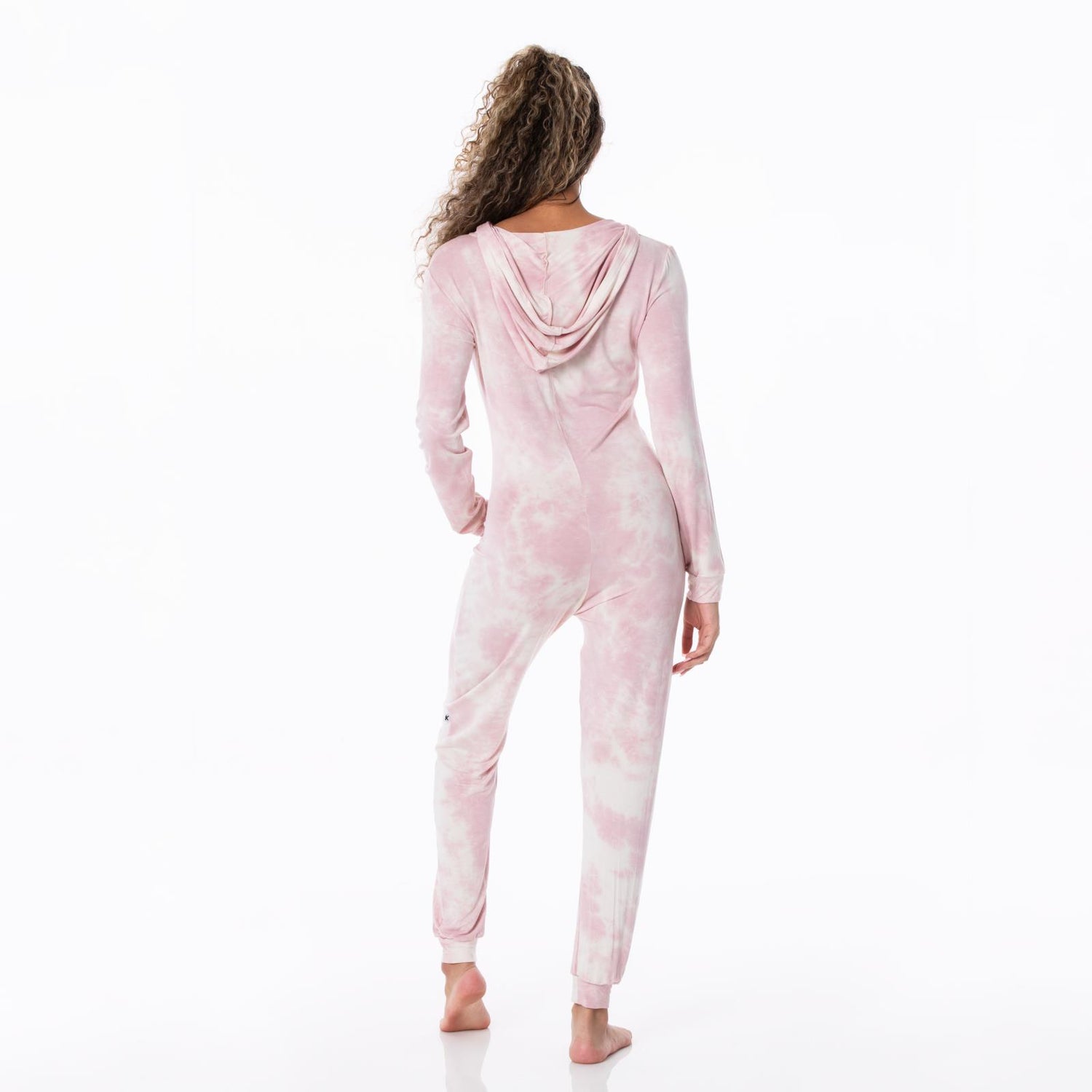 Women's Print Long Sleeve Jumpsuit with Hood in Baby Rose Tie Dye
