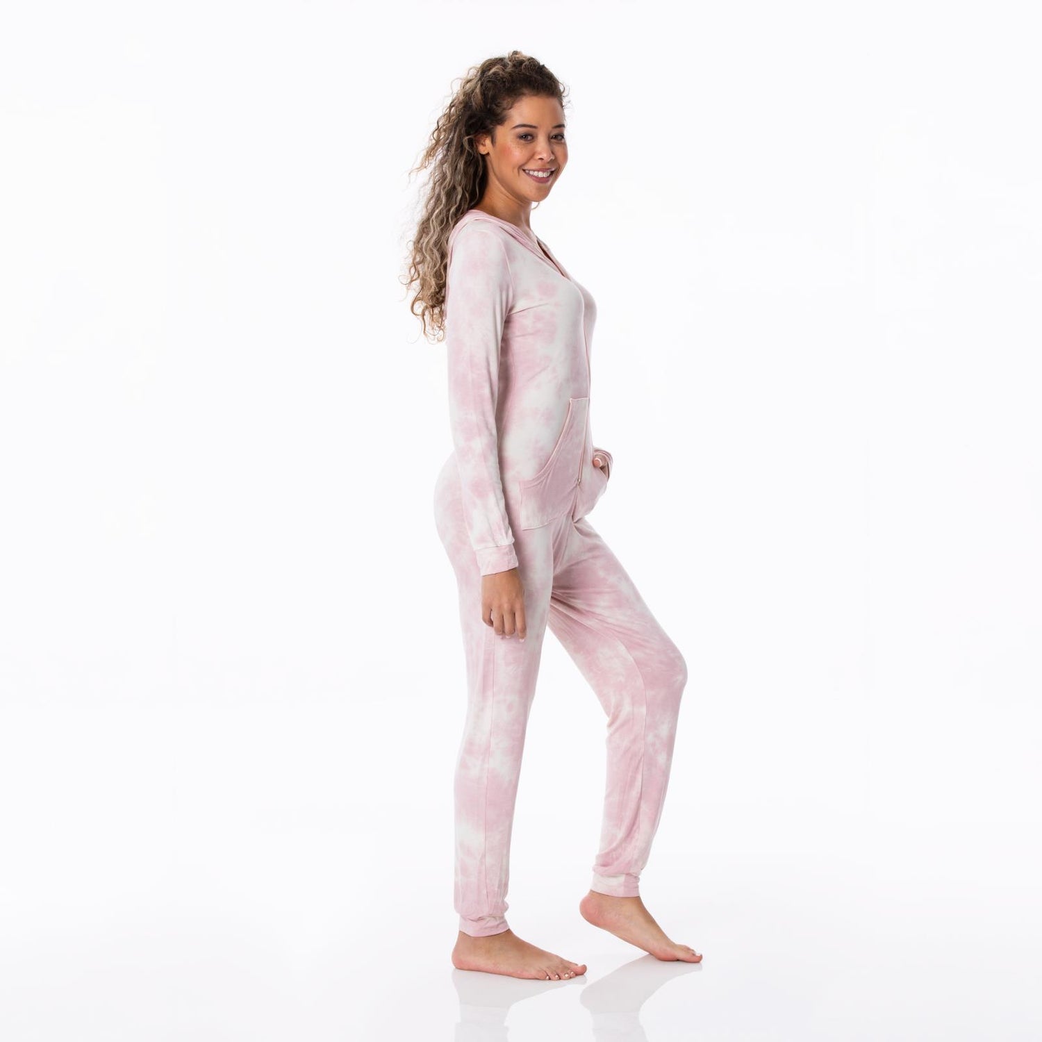 Women's Print Long Sleeve Jumpsuit with Hood in Baby Rose Tie Dye