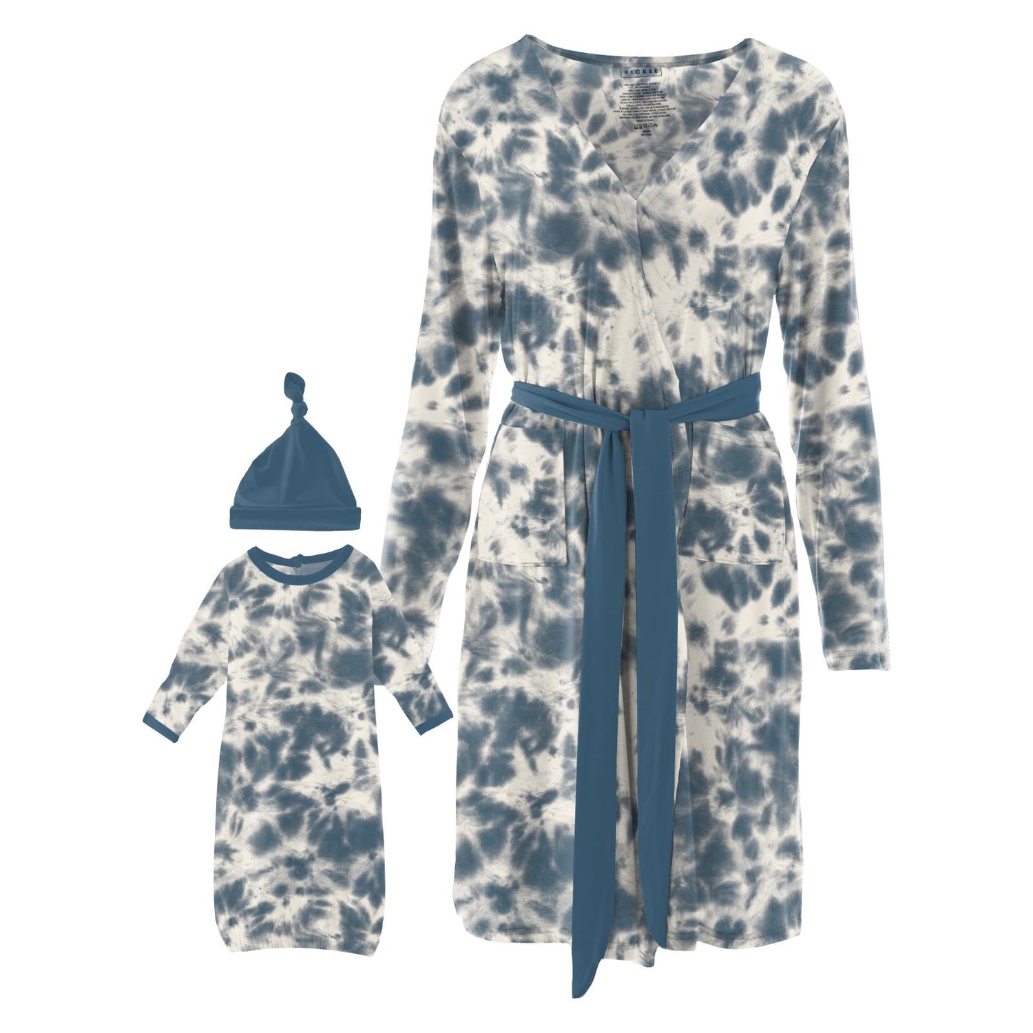 Women's Print Mid Length Lounge Robe & Layette Gown Set in Deep Sea Tie Dye
