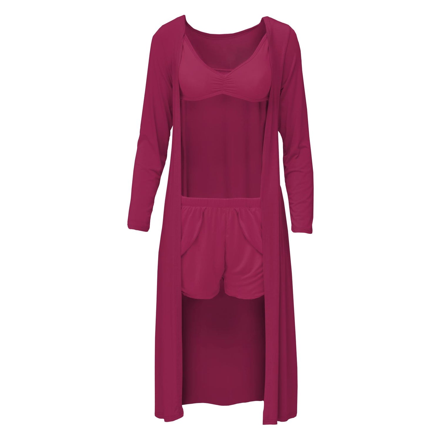 Women's Sleeping Bra, Tulip Shorts and Duster Robe Set in Berry