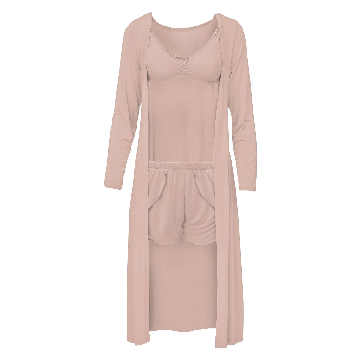 Women's Sleeping Bra, Tulip Shorts and Duster Robe Set in Peach Blossom